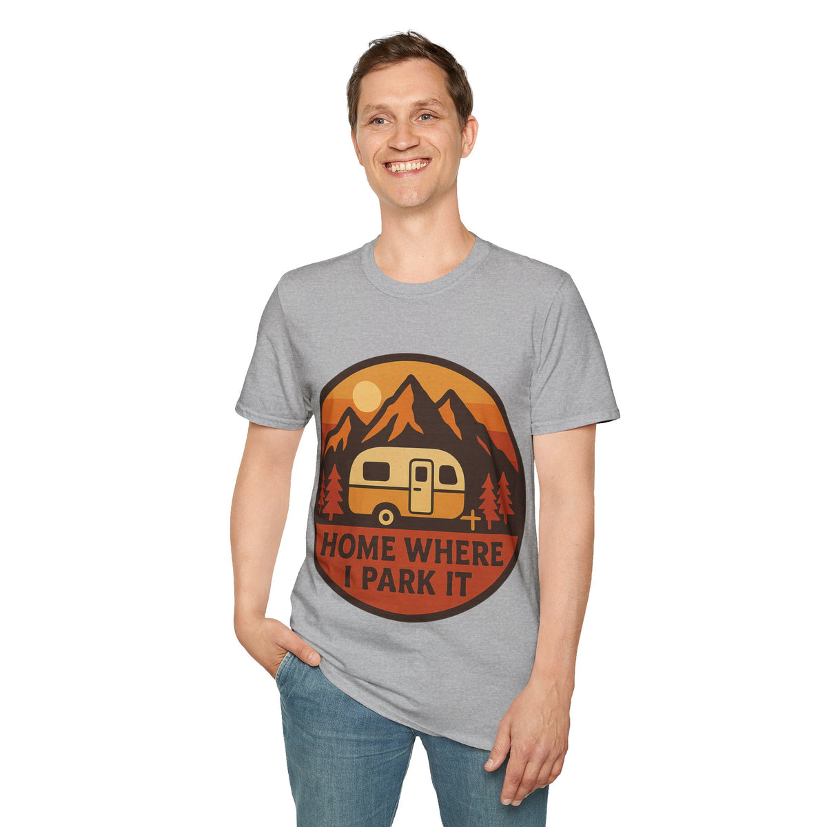"Home Where I Park It" Vintage Camper Van Graphic Tee - Retro Sunset Mountain White T-Shirt - Trending Now - September 2026