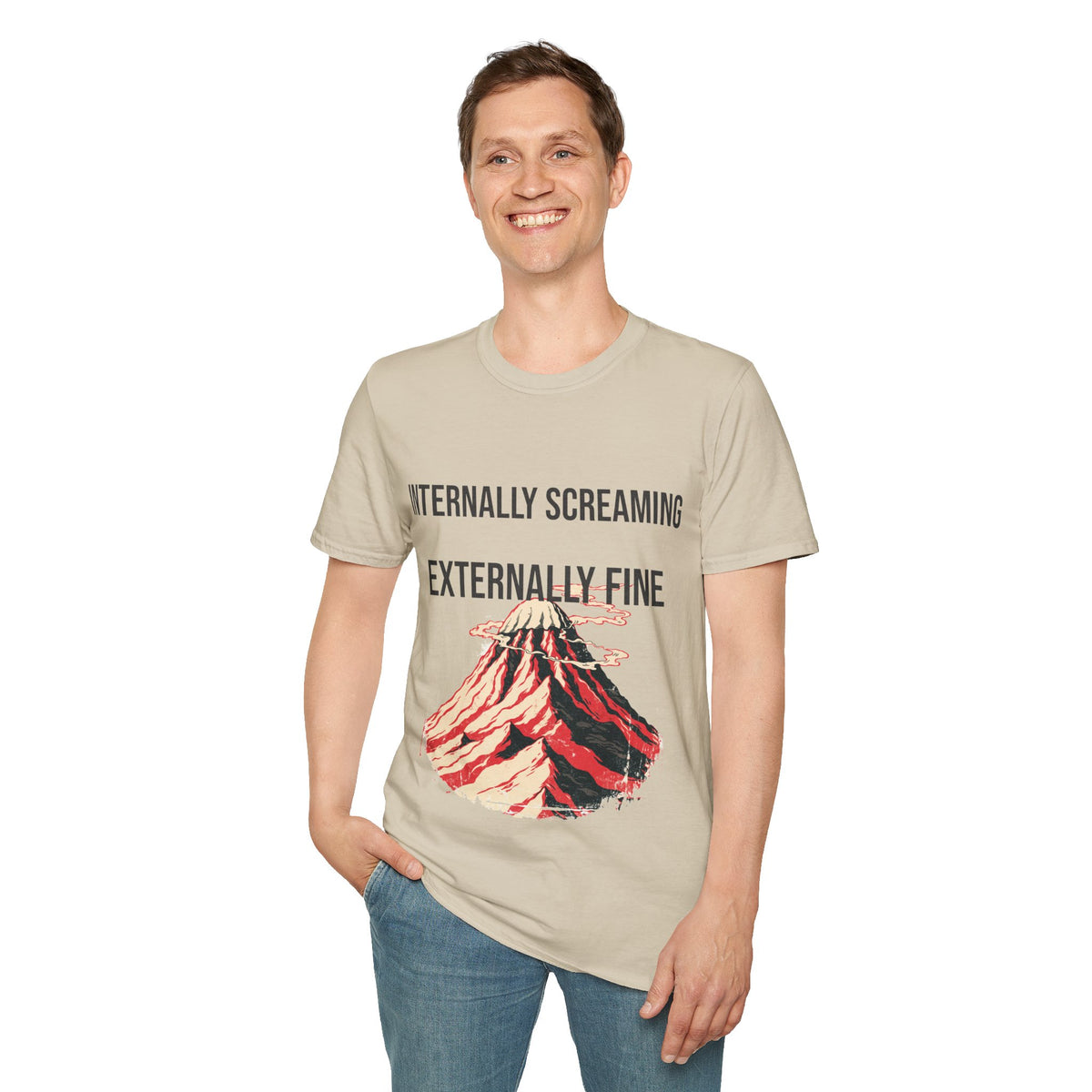"Internally Screaming Externally Fine" Melting Volcano Tee - Funny Relatable Aesthetic White T-Shirt - Trending Now - September 2026