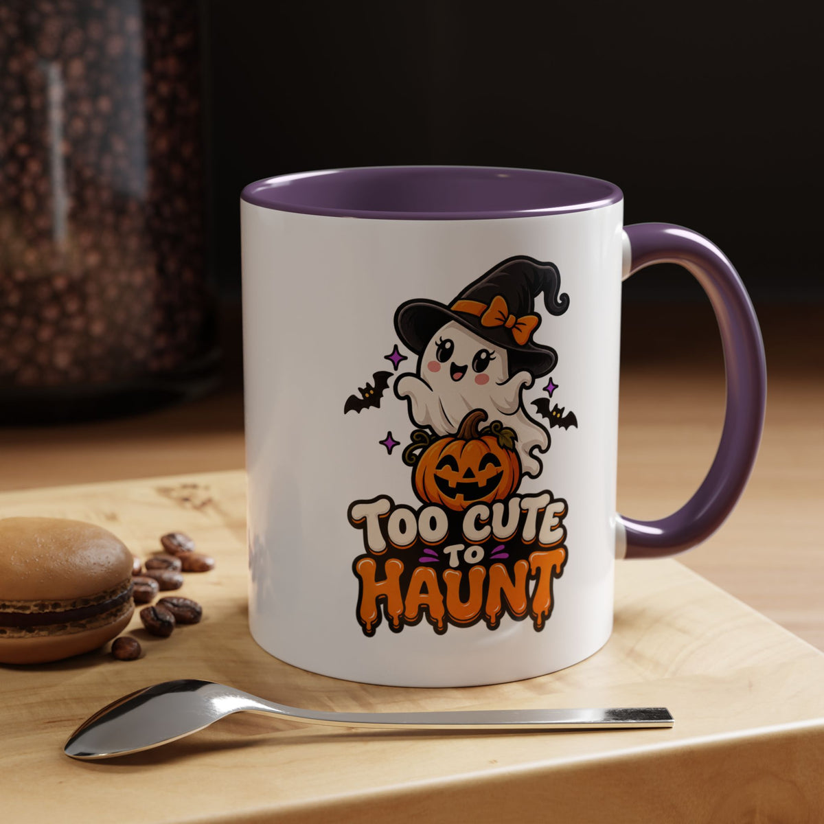 Halloween Coffee Mug - 'Too Cute to Haunt' Ghost Pumpkin Accent Mug