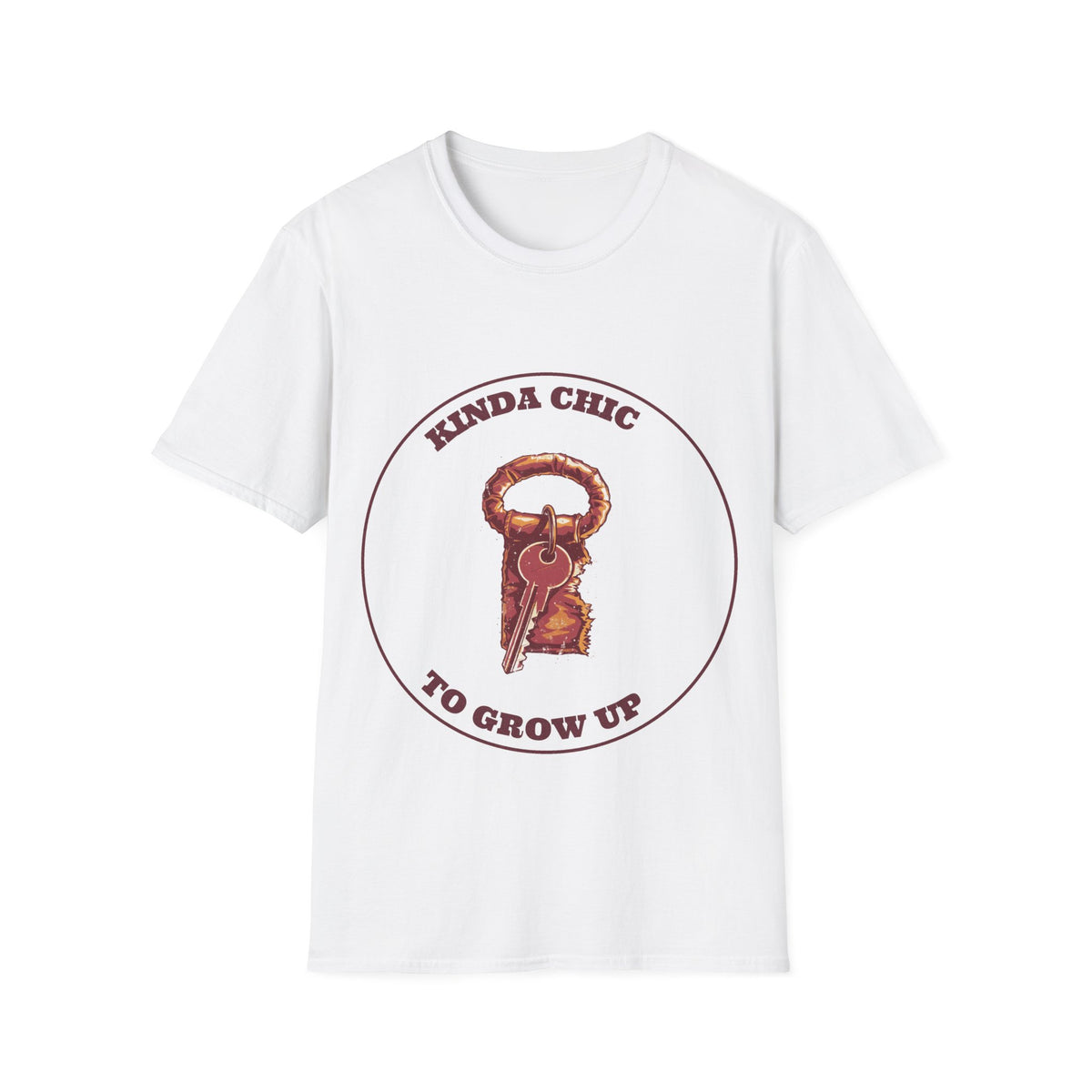 "Kinda Chic To Grow Up" Vintage Key Graphic Tee - Funny Relatable Aesthetic White T-Shirt - Trending Now - September 2026