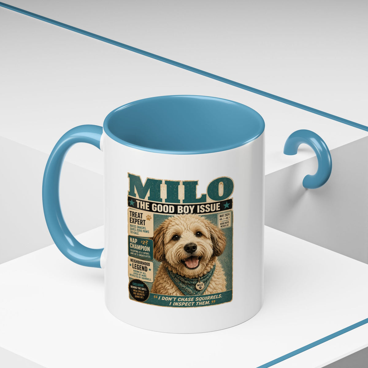 Milo Bailey Dog Dad Mom Milo 'The Good Boy Issue' Accent Coffee Mug – Cute Dog Magazine Cover Design