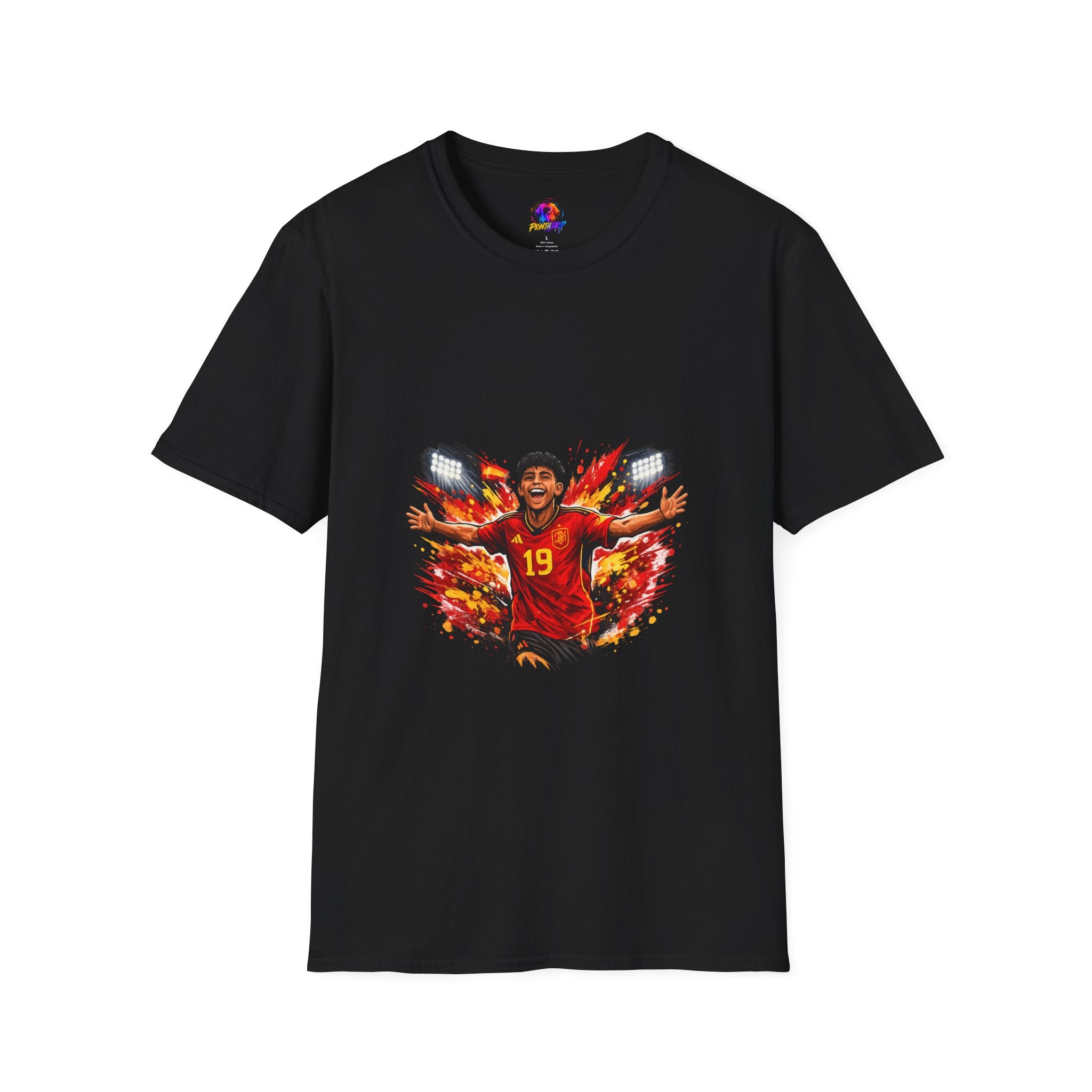 Spain Soccer Fan Portrait T‑Shirt – Fiery Goal Celebration Design