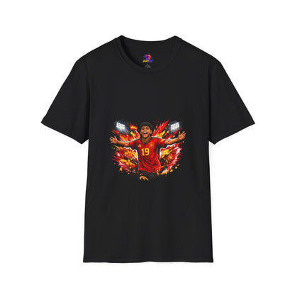 Spain Soccer Fan Portrait T‑Shirt – Fiery Goal Celebration Design