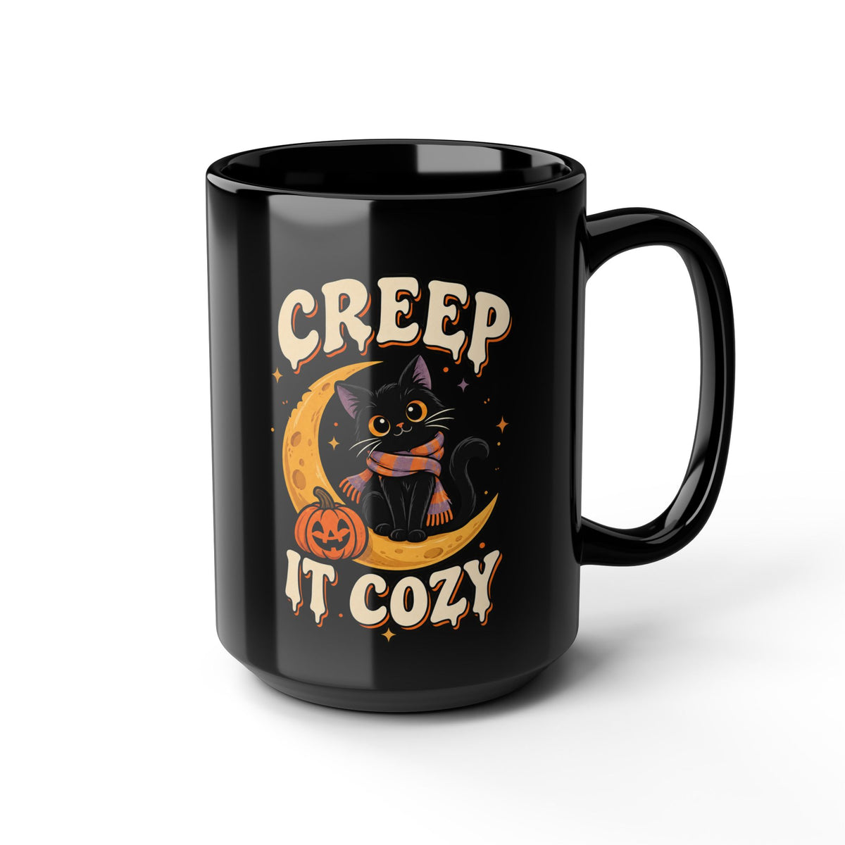 Creep It Cozy Black Mug — Halloween Cat Moon Coffee Cup (11oz & 15oz)