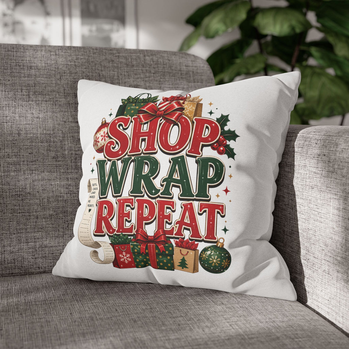 Shop Wrap Repeat Christmas Pillowcase — Holiday Decorative Throw Pillow Cover