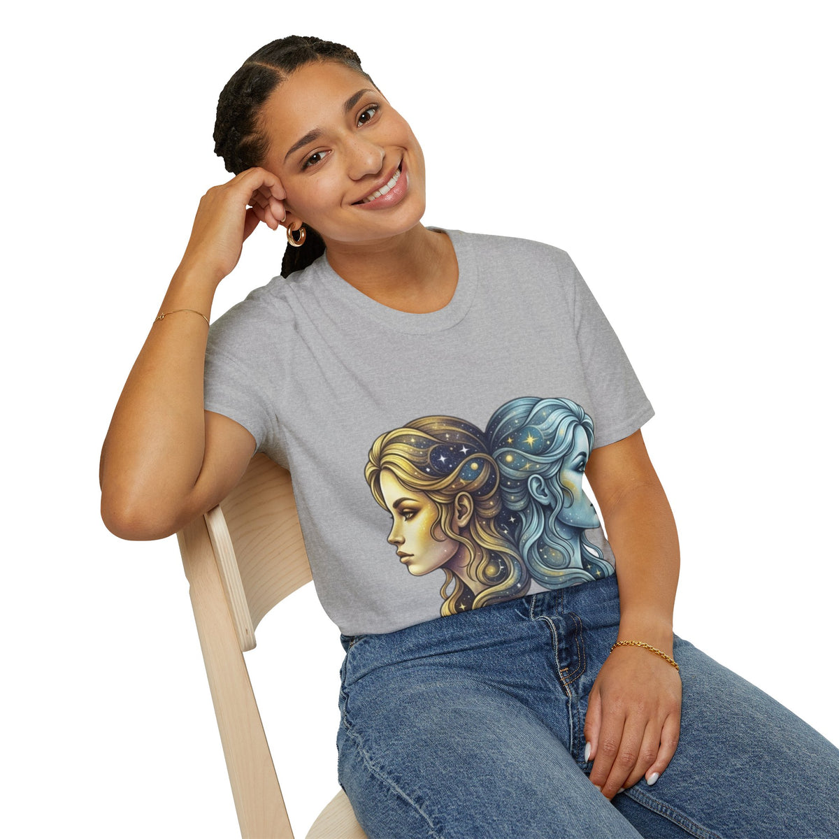 Zodiac Gemini Sun & Moon T-Shirt — Dual Faces Cosmic Design