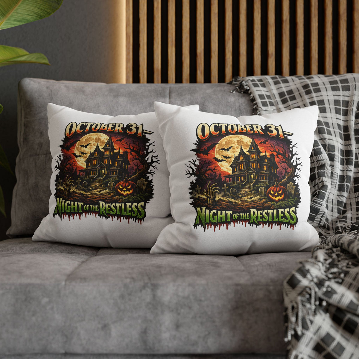 Halloween Pillowcase - "October 31 Night of the Restless" Haunted House Decorative Square Pillow Cover