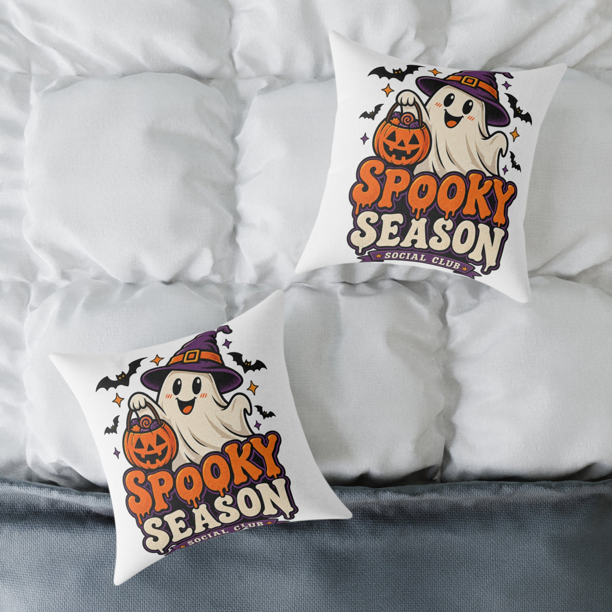 Spooky Season Halloween Pillow - Cute Ghost & Pumpkin Square Throw Pillow