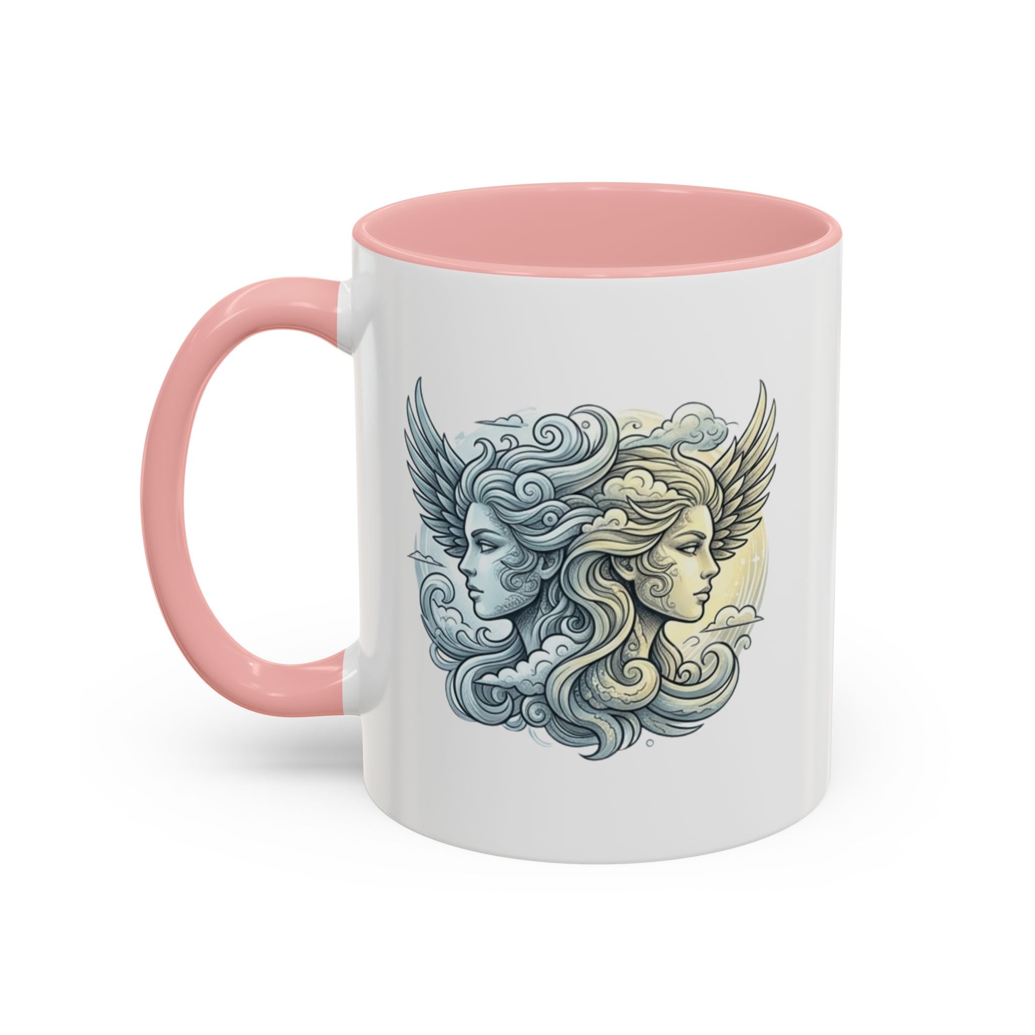 Gemini Twins Accent Coffee Mug — Sun & Moon Winged Faces Illustration
