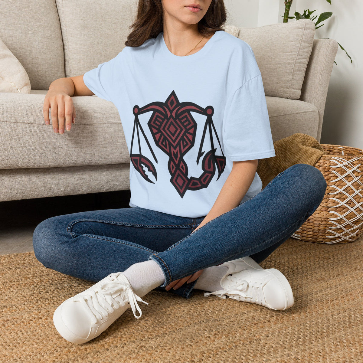 Libra Scales Graphic T‑Shirt — Tribal Zodiac Balance Design