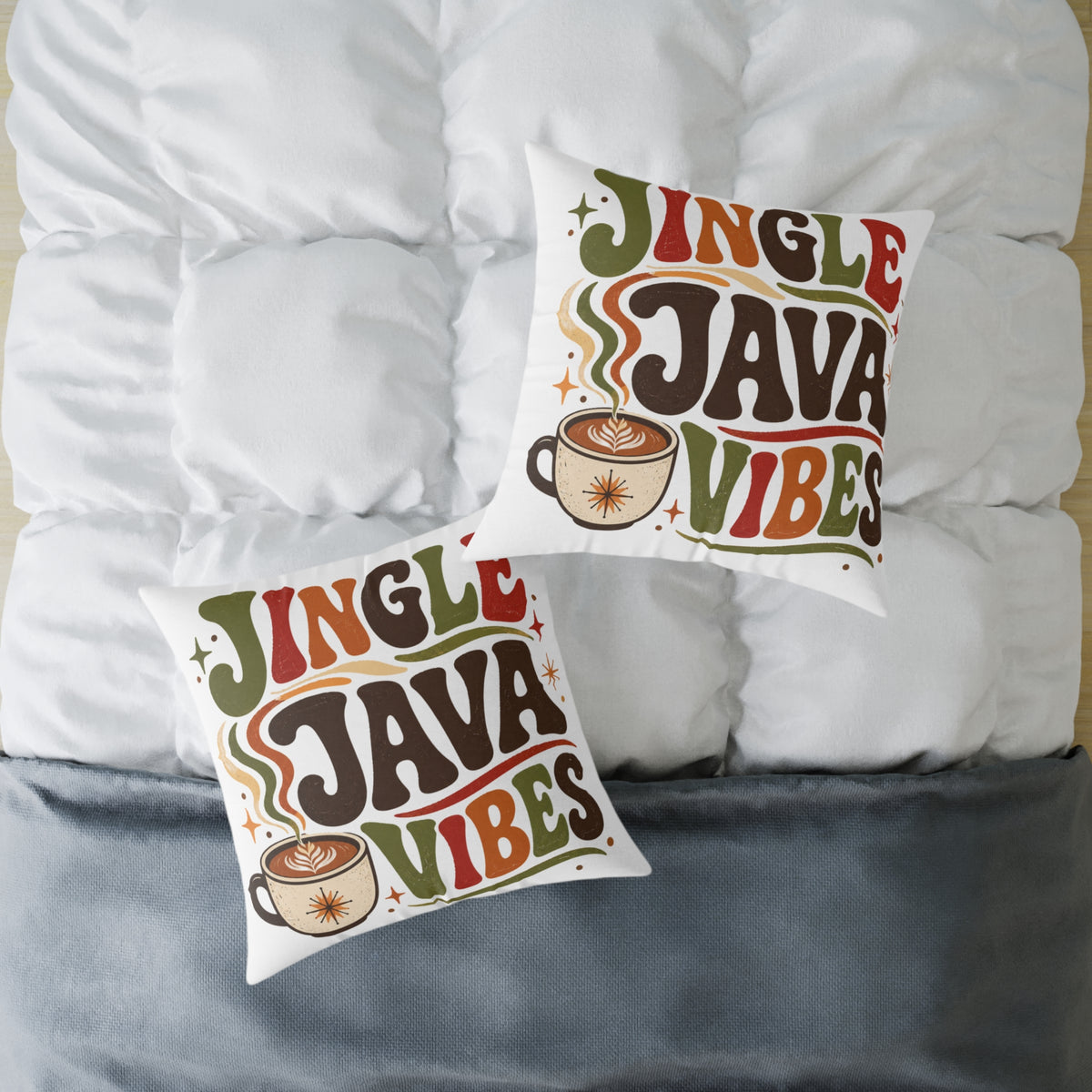 Christmas Square Pillow — "Jingle Java Vibes" Coffee Holiday Decorative Cushion