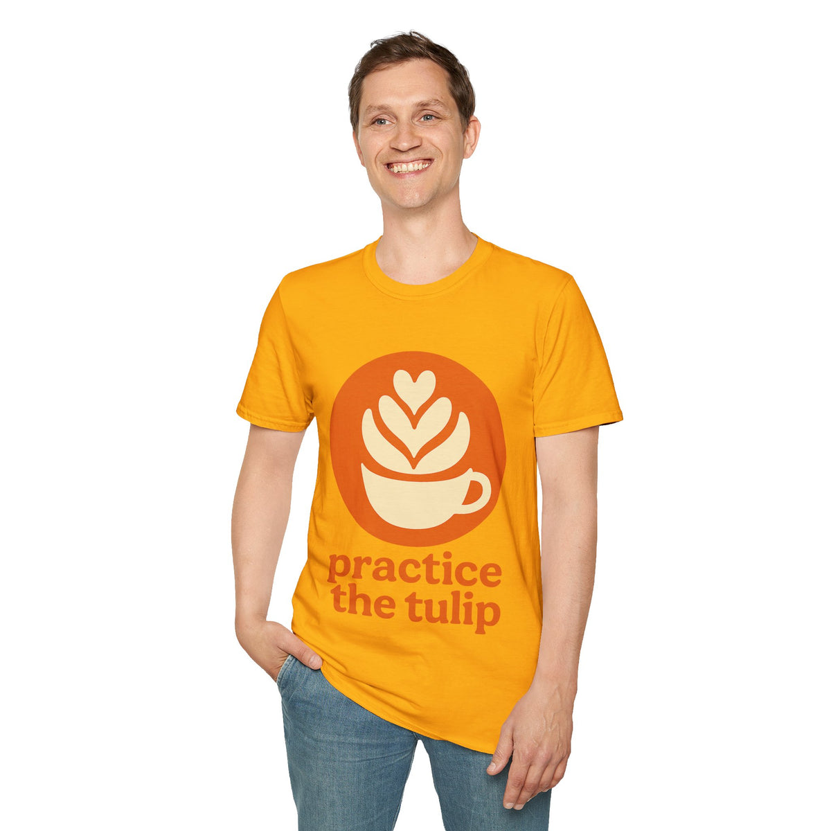 "Practice The Tulip" Latte Art Coffee Graphic Tee - Aesthetic Orange Barista White T-Shirt - Trending Now - September 2026