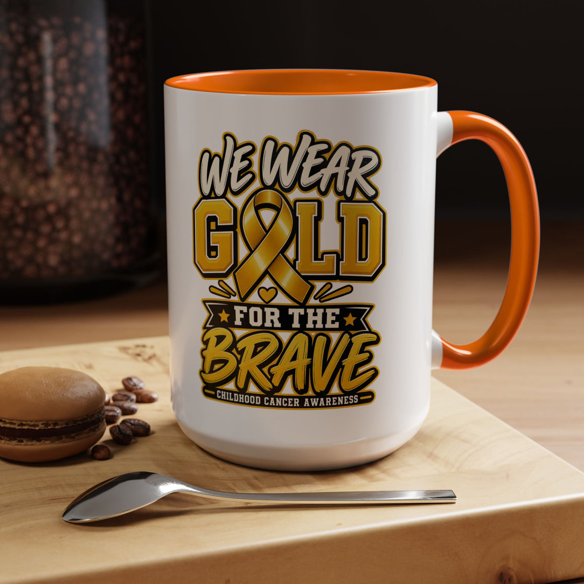 Childhood Cancer Awareness Accent Coffee Mug – "We Wear Gold for the Brave" (11/15 oz)