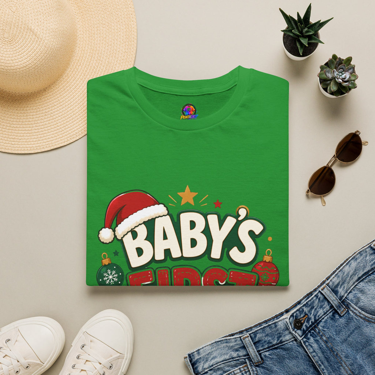 Baby's First Christmas T-Shirt — Festive Santa Hat & Ornaments Holiday Tee