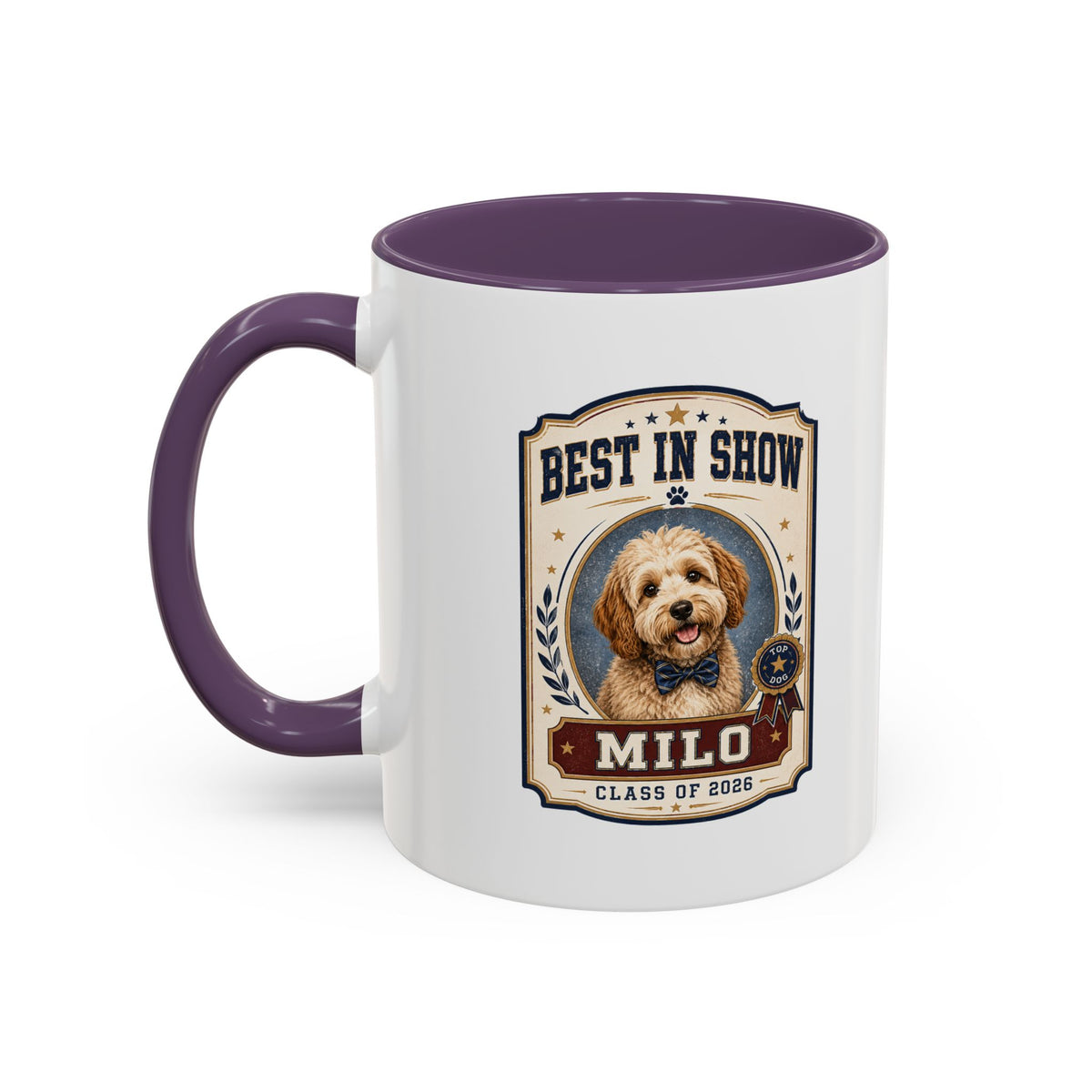 Milo Bailey Dog Dad Mom Best in Show Personalized Dog Mug — "Milo" Class of 2028 Accent Coffee Mug