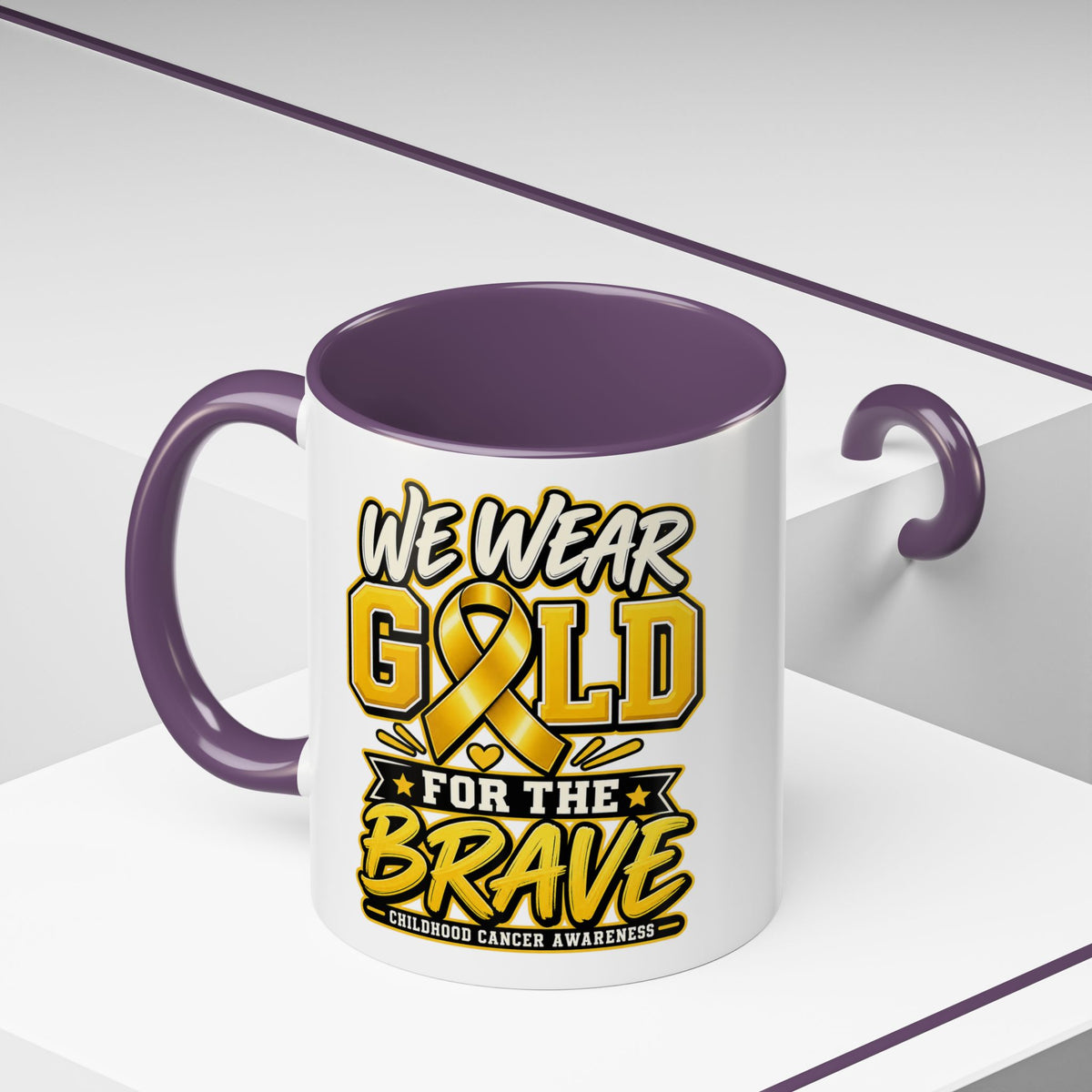 Childhood Cancer Awareness Accent Coffee Mug – "We Wear Gold for the Brave" (11/15 oz)