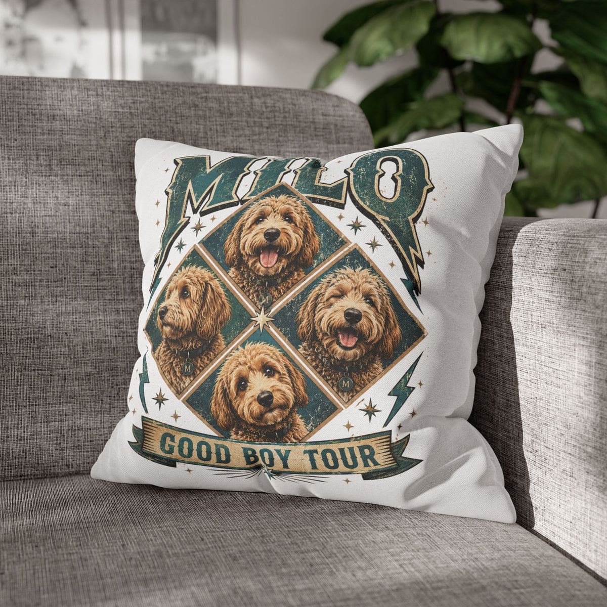 Milo “Good Boy Tour” Dog Photo Square Pillowcase Milo Bailey Dog Dad Mom