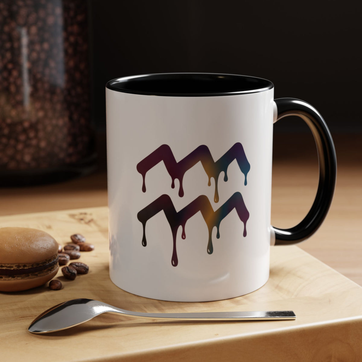 Aquarius Zodiac Dripping Rainbow Chevron Accent Coffee Mug —  Color-Accent Ceramic Mug
