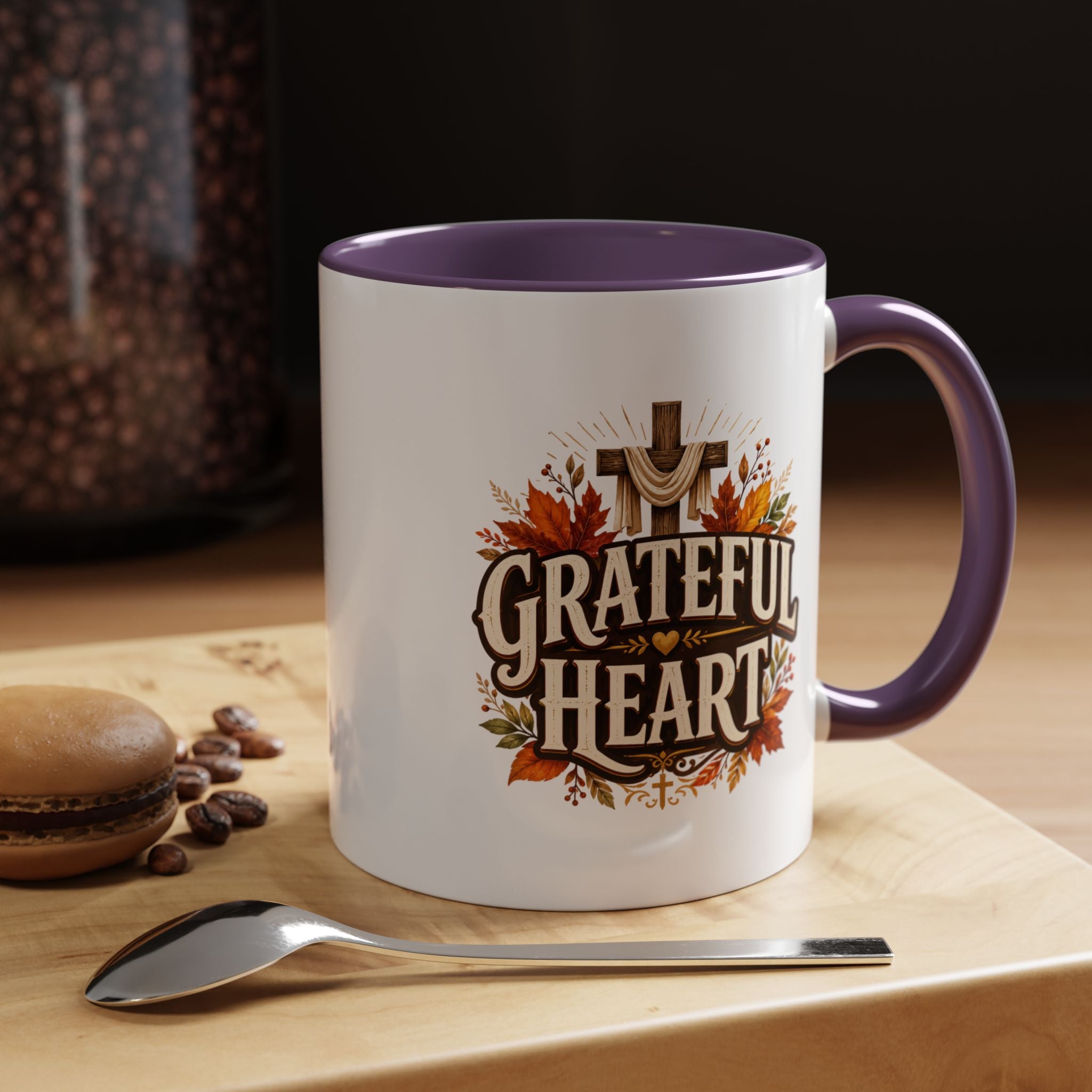 Thanksgiving Mug Grateful Heart Accent Coffee Mug – Autumn Leaves & Cross Spiritual Thanksgiving Gift