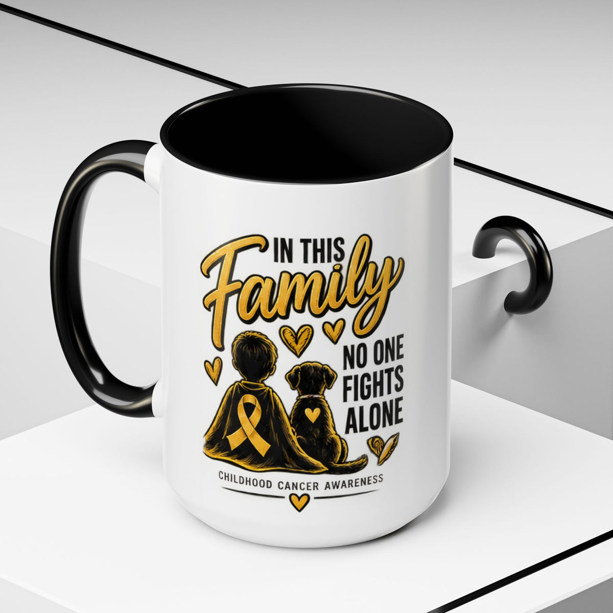 Childhood Cancer Awareness Accent Coffee Mug – "In This Family No One Fights Alone" (11/15oz)
