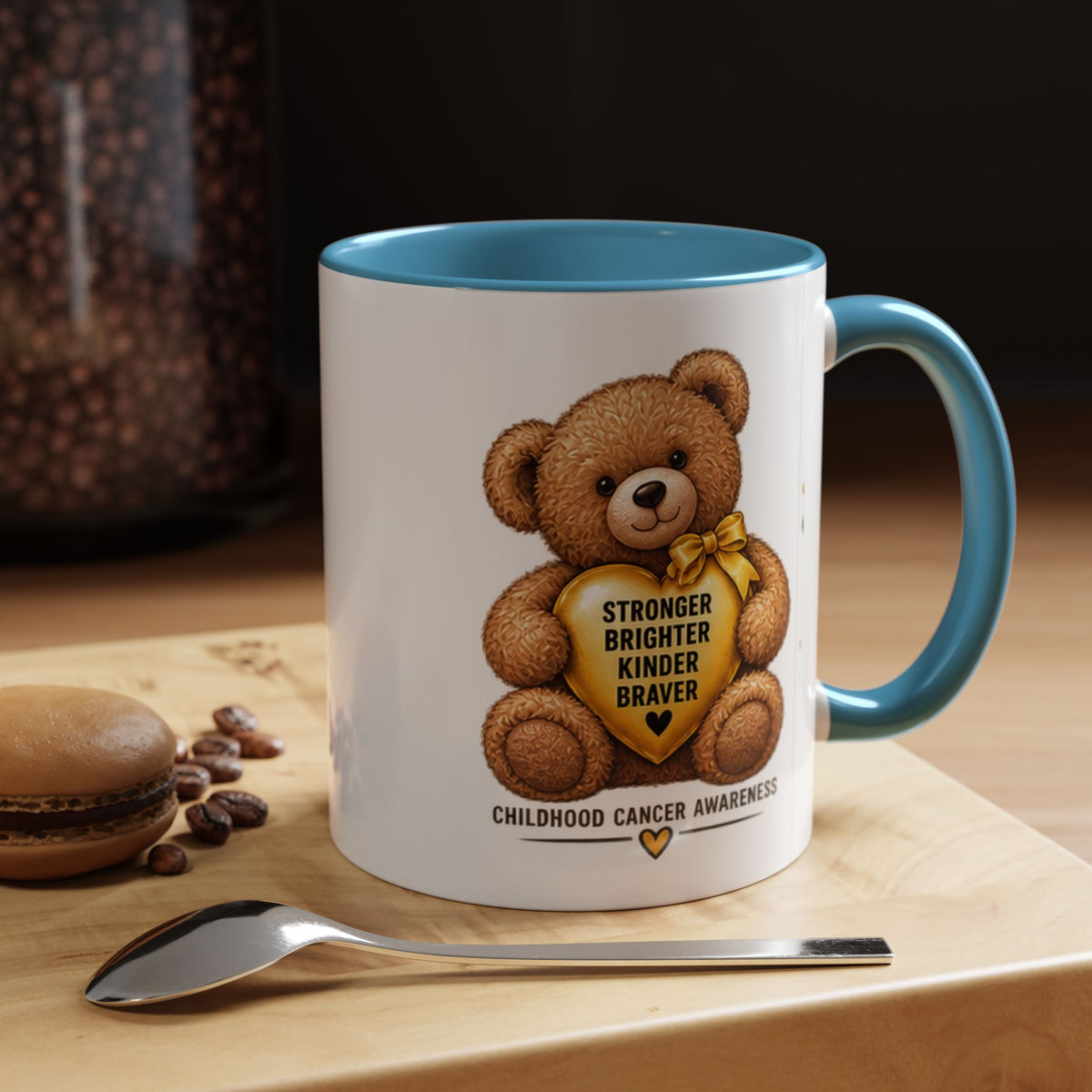 Childhood Cancer Awareness Coffee Mug — 'Stronger Brighter Kinder Braver' Teddy