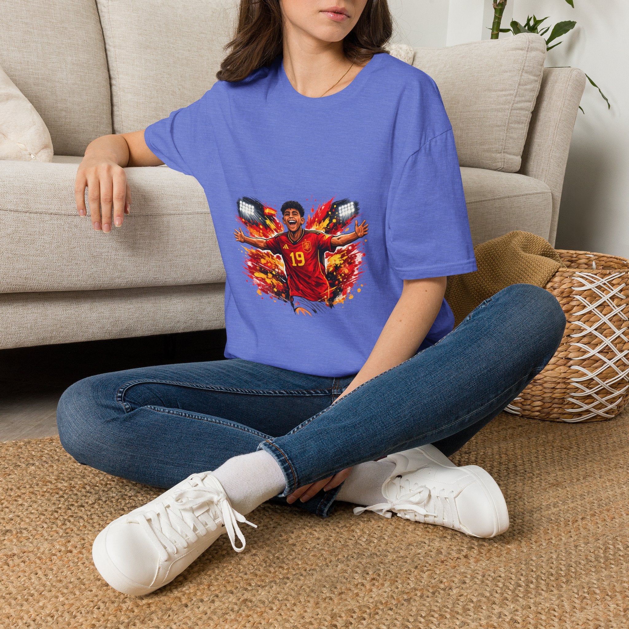 Spain Soccer Fan Portrait T‑Shirt – Fiery Goal Celebration Design