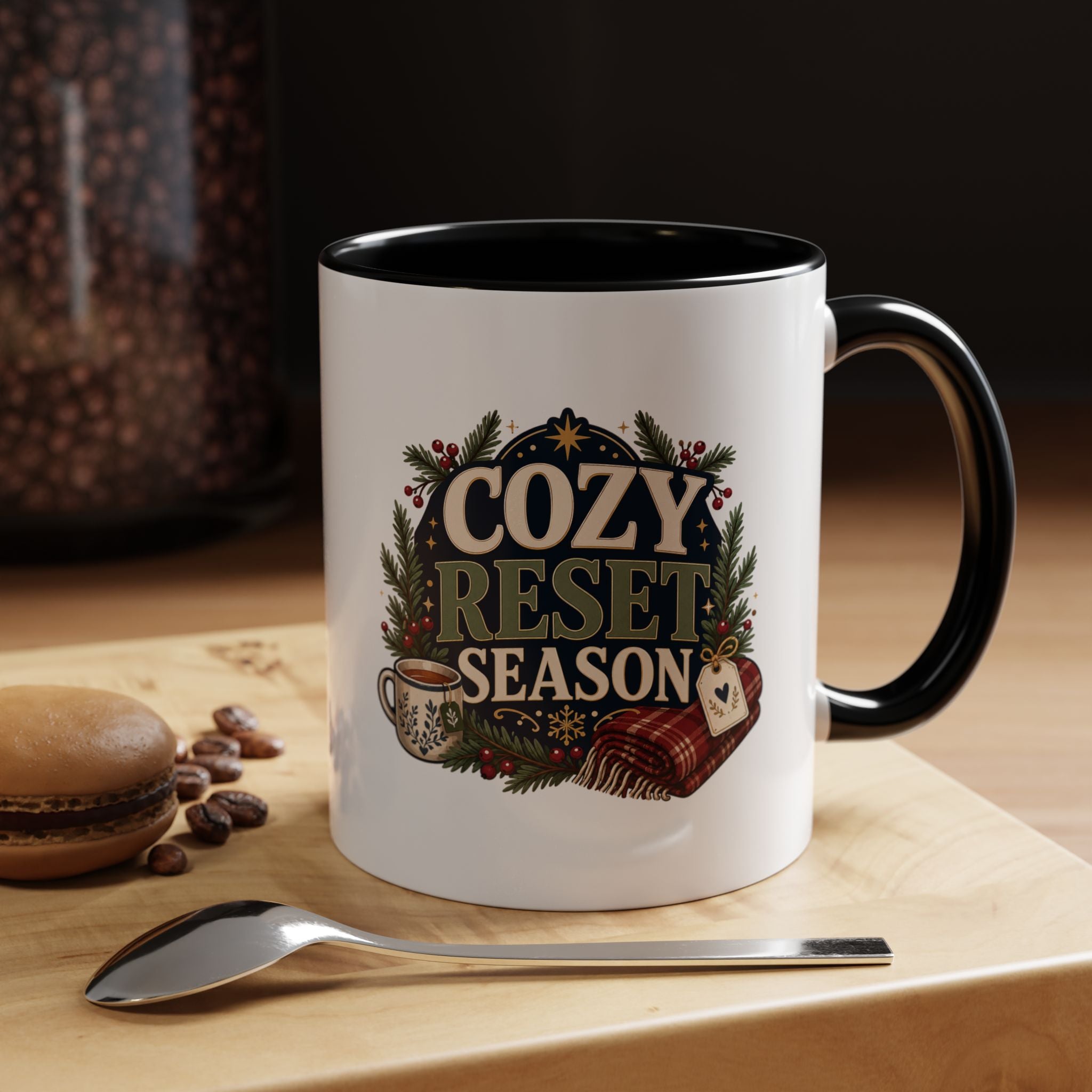 Modern Day Christmas Cozy Reset Season Mug — Holiday Coffee Cup with Blanket & Tea Tag Design
