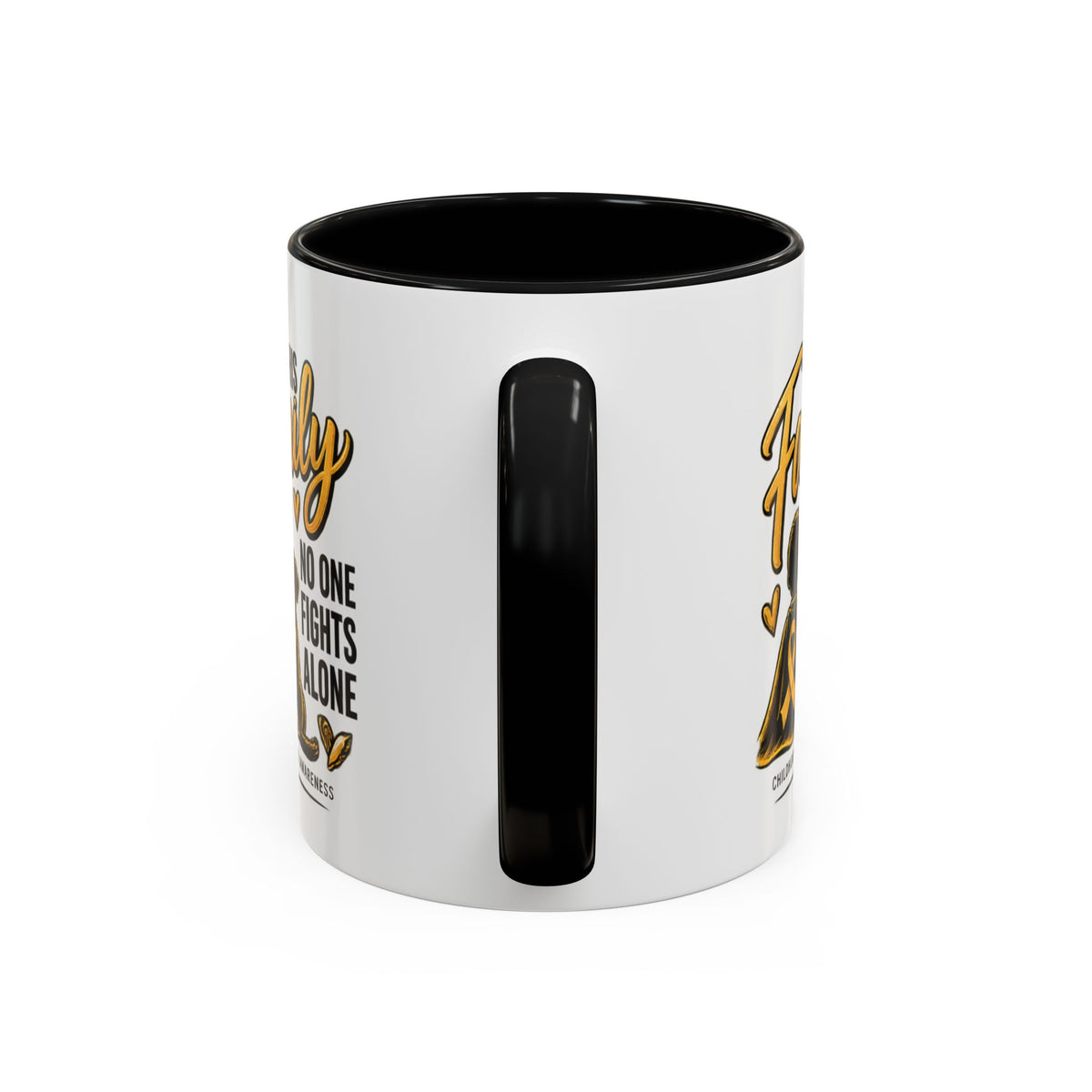 Childhood Cancer Awareness Coffee Mug — "In This Family No One Fights Alone"