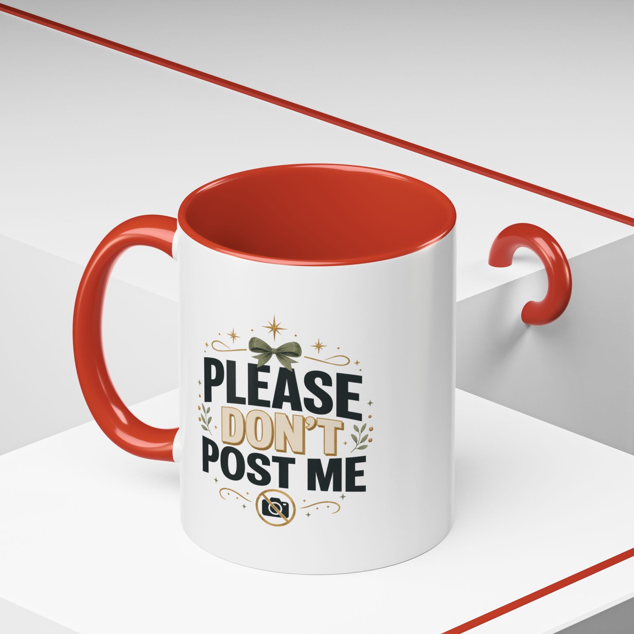 Christmas Please Don't Post Me Accent Coffee Mug — Funny Privacy Camera Gift