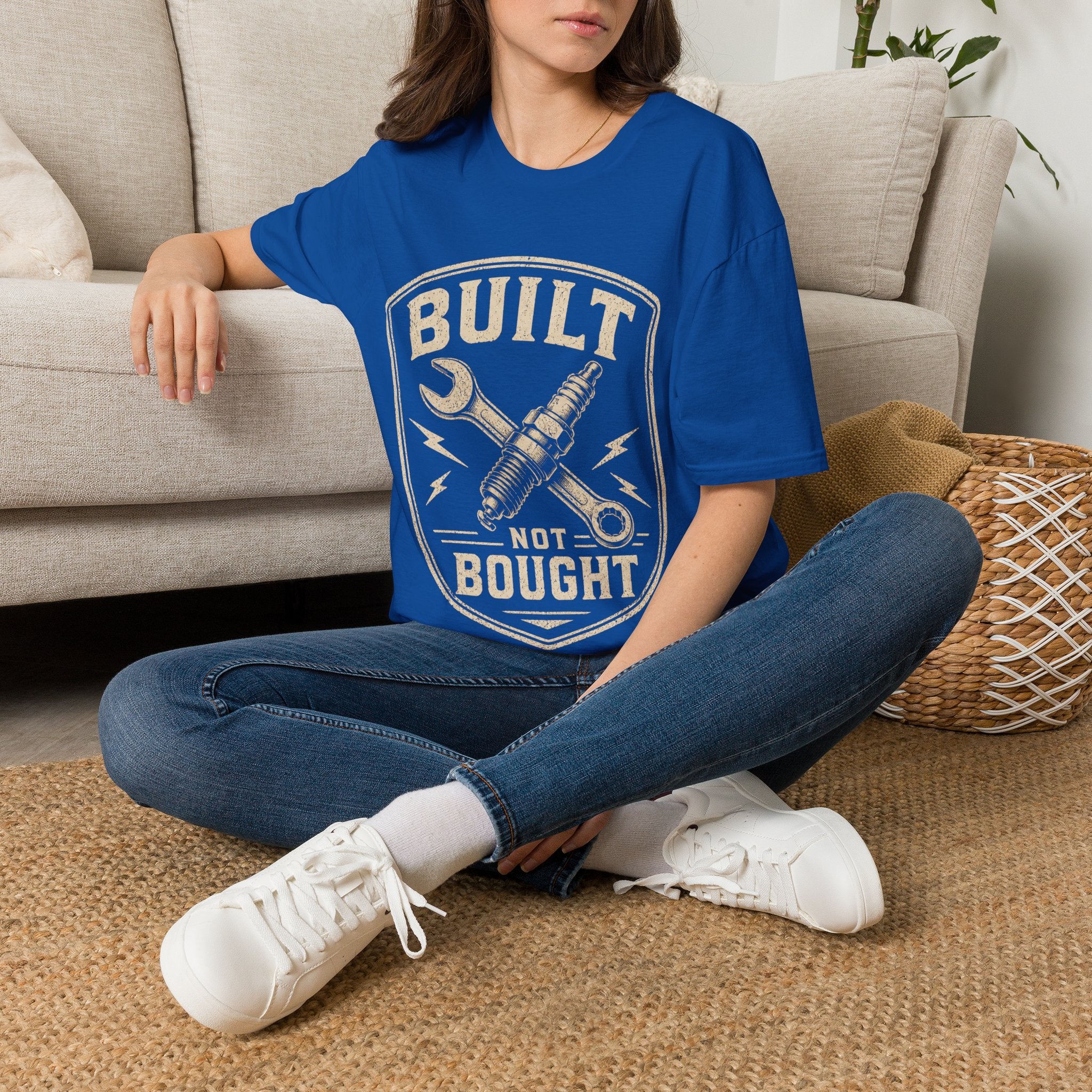 Built Not Bought T-Shirt — Vintage Mechanic Wrench & Spark Plug Design