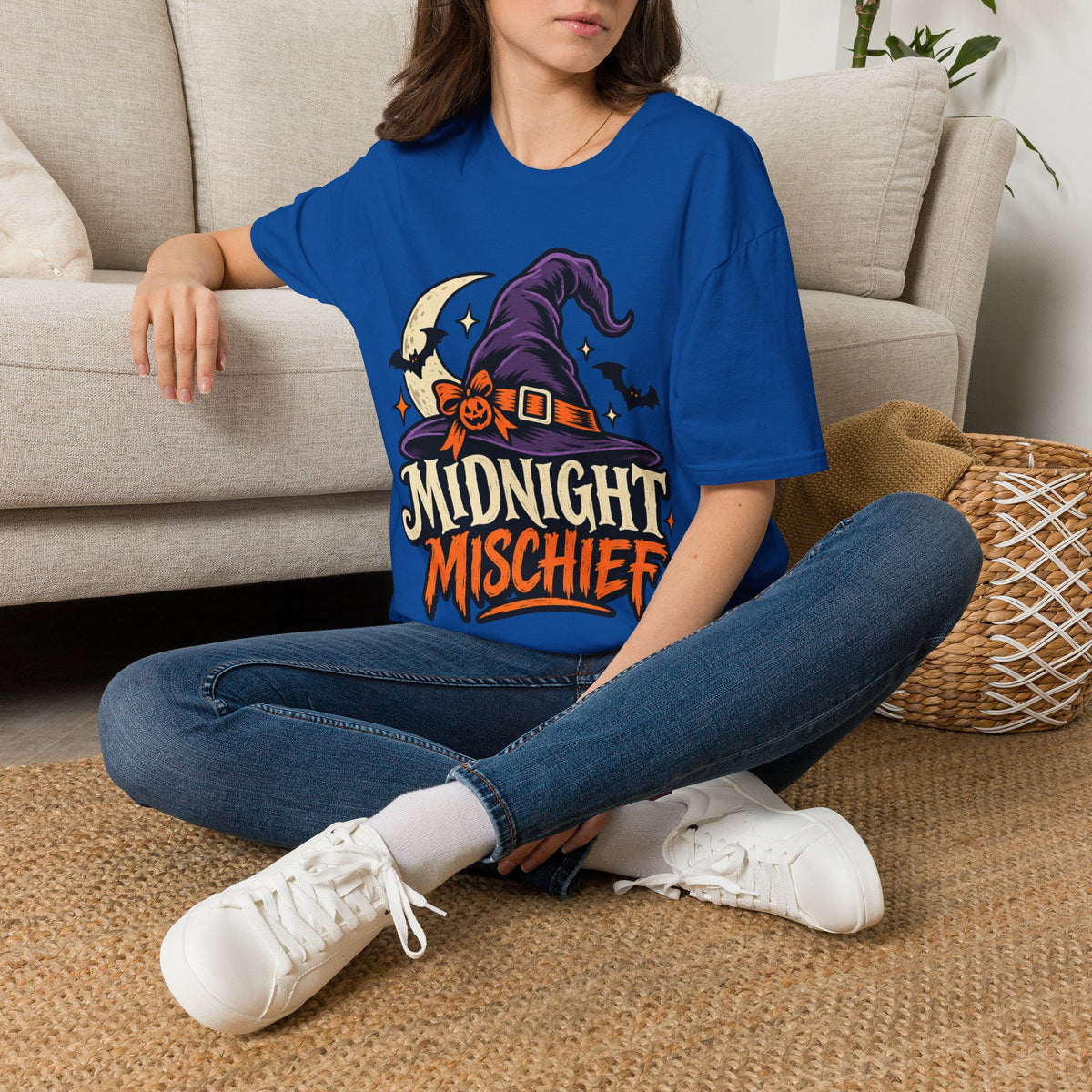 Midnight Mischief Halloween T-Shirt — Witch Hat & Bats Graphic