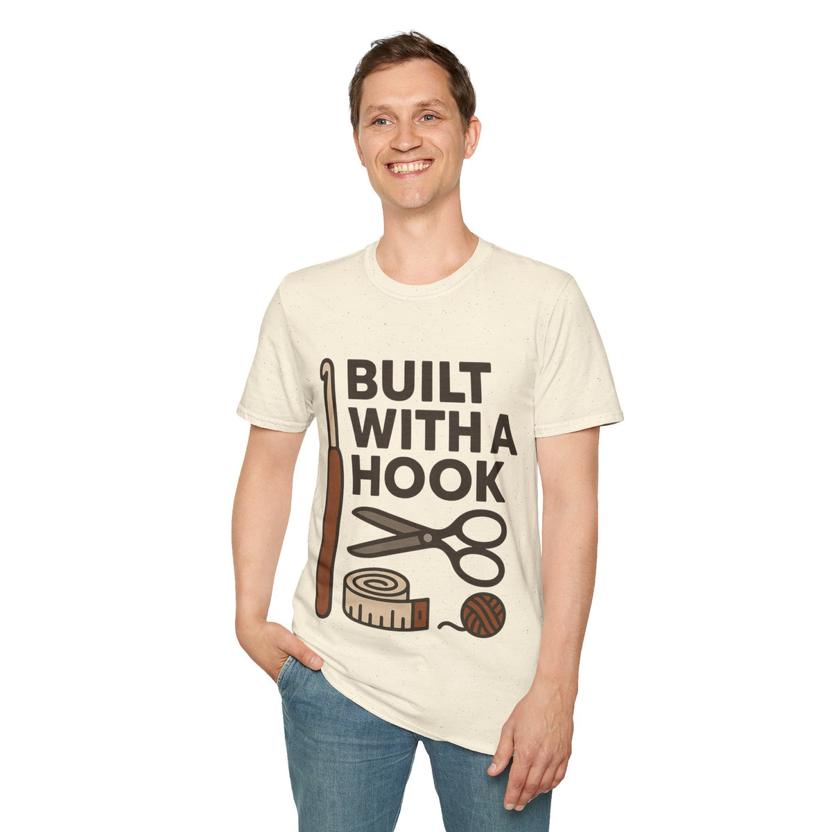 "Built With A Hook" Funny Crochet Graphic Tee - Minimalist Yarn Maker Crafting White T-Shirt - Trending Now - September 2026