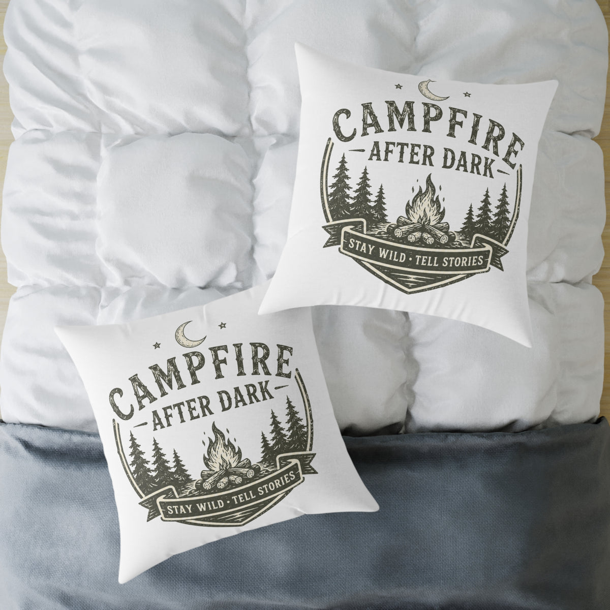 Milo Bailey Dog Dad Mom Pillow — Campfire After Dark Decorative Throw Pillow (Stay Wild, Tell Stories)