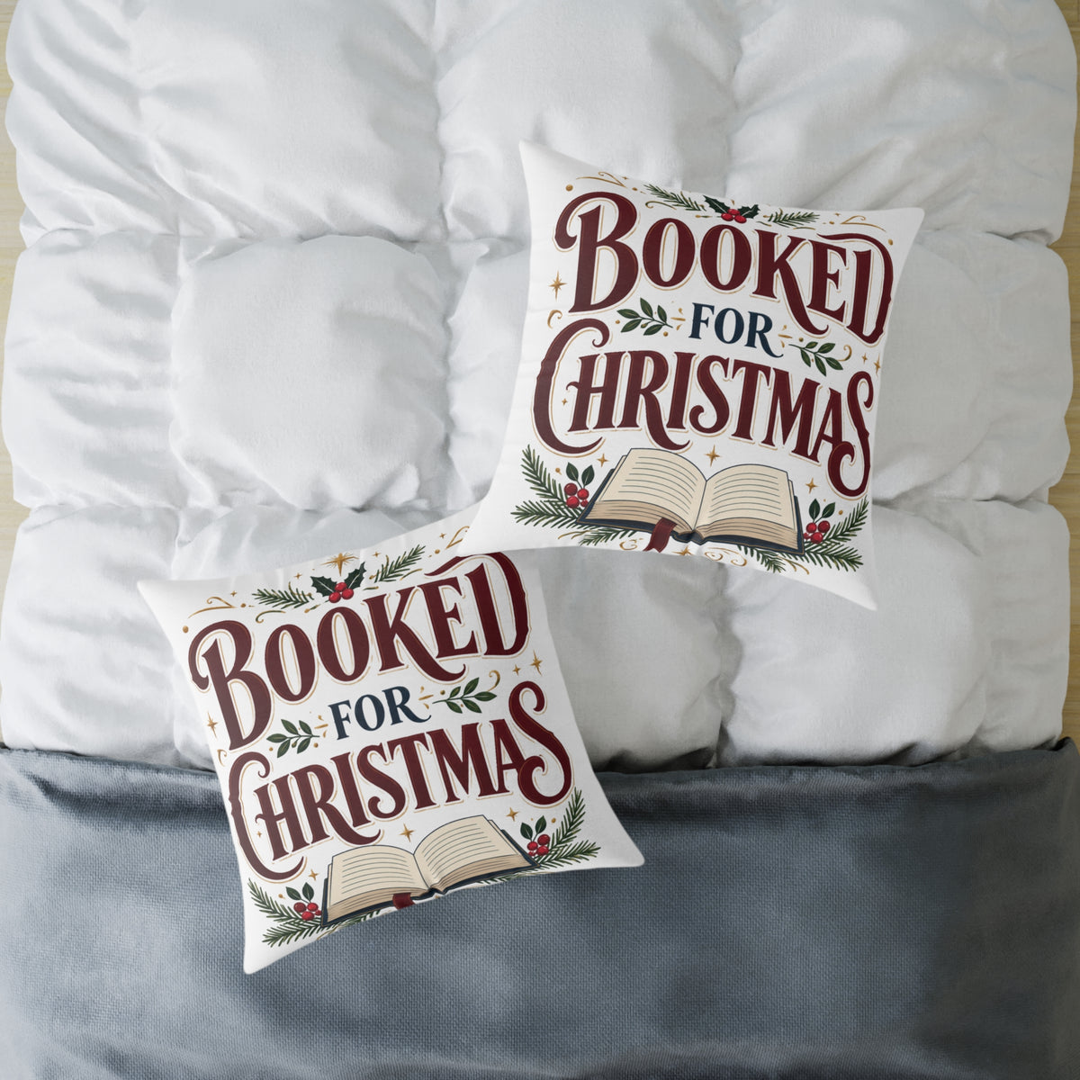 Christmas Book Lover Pillow — "Booked for Christmas" Decorative Throw Pillow