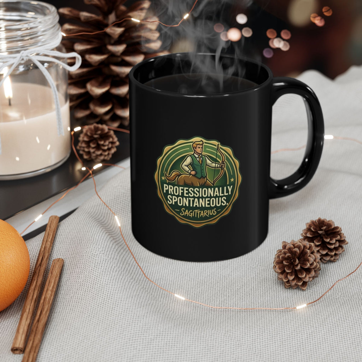 Sagittarius Coffee Mug — "Professionally Spontaneous" Black Zodiac Mug