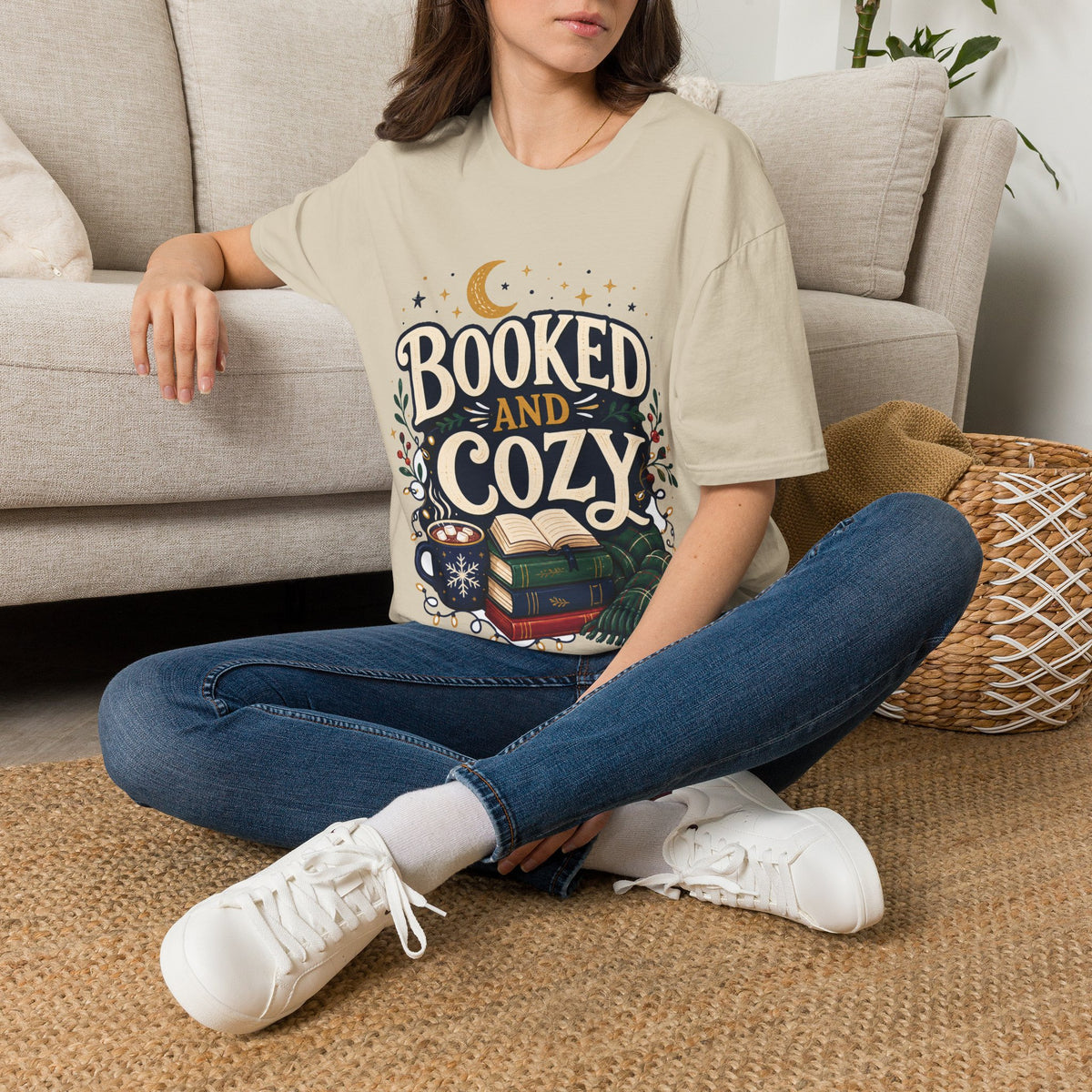 Booked and Cozy T-Shirt — Cozy Reading Graphic Tee (Books, Moon & Stars)