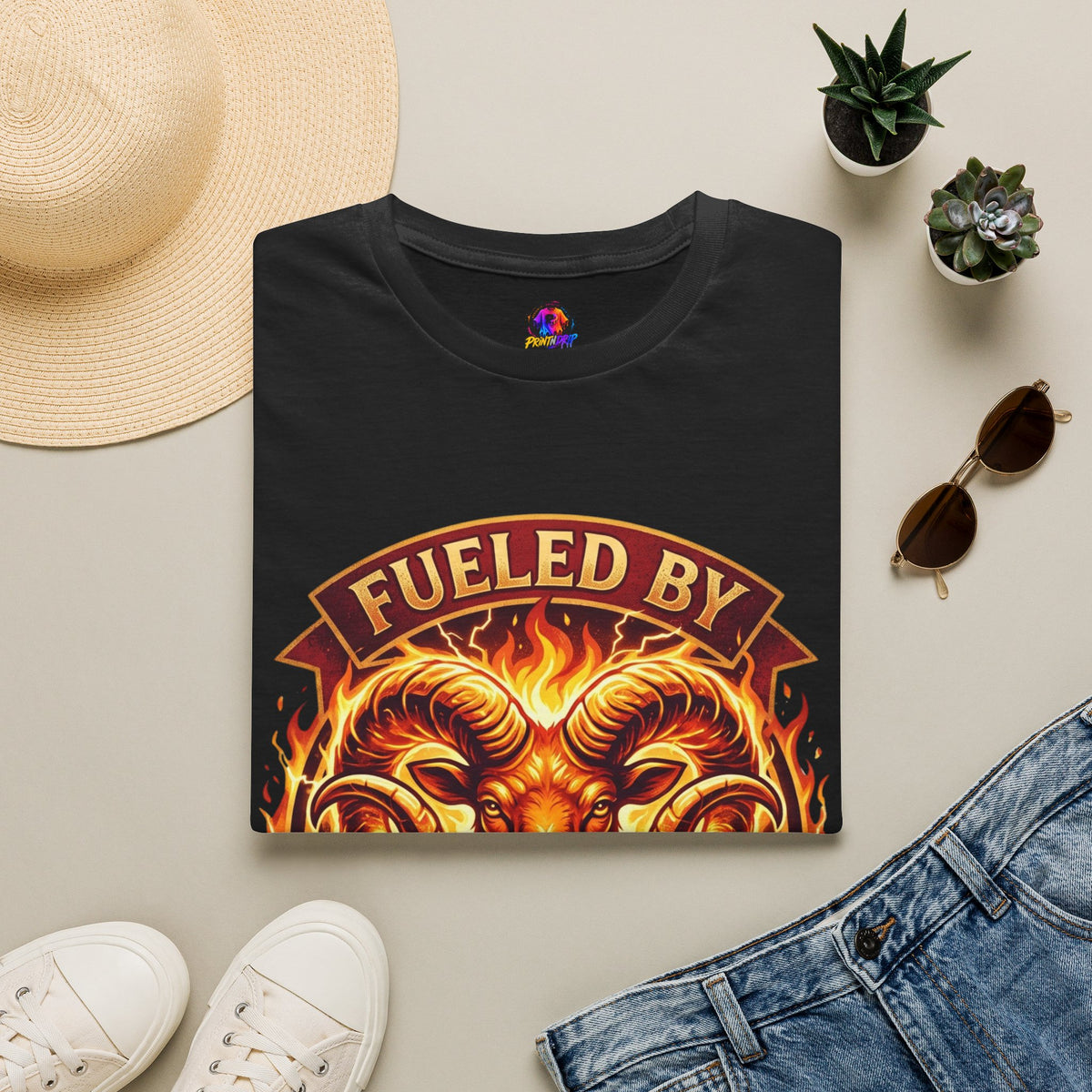 Aries Zodiac Fueled By Fire & Aries Energy T-Shirt — Zodiac Ram Graphic Tee
