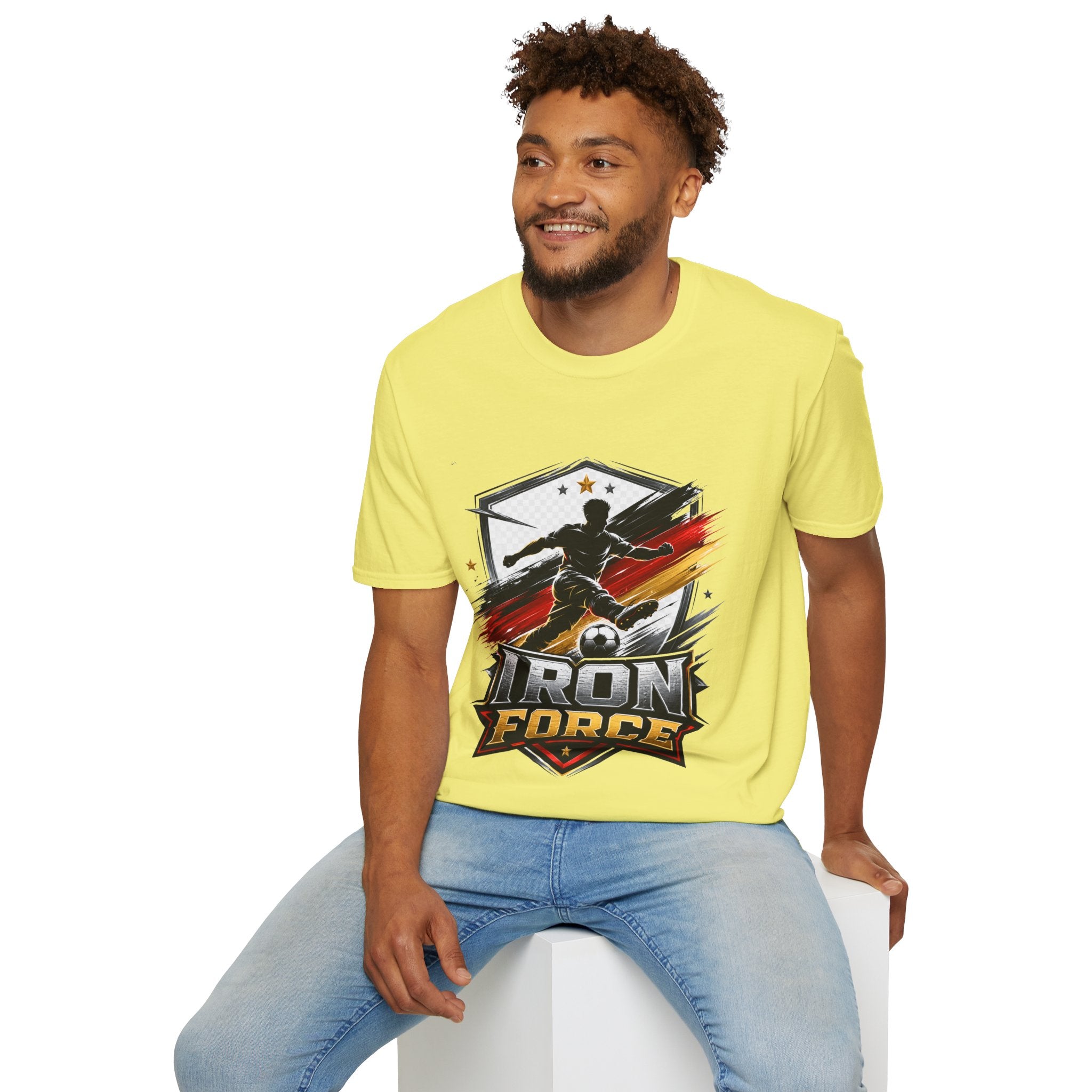 Germany Soccer 'Iron Force' Graphic T-Shirt — Player Silhouette with Red & Gold Brushstroke Emblem