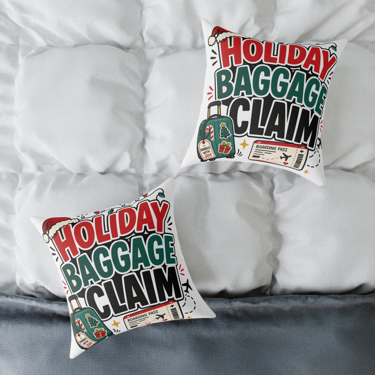 Modern Day Christmas Holiday Baggage Claim Square Poly Canvas Pillow