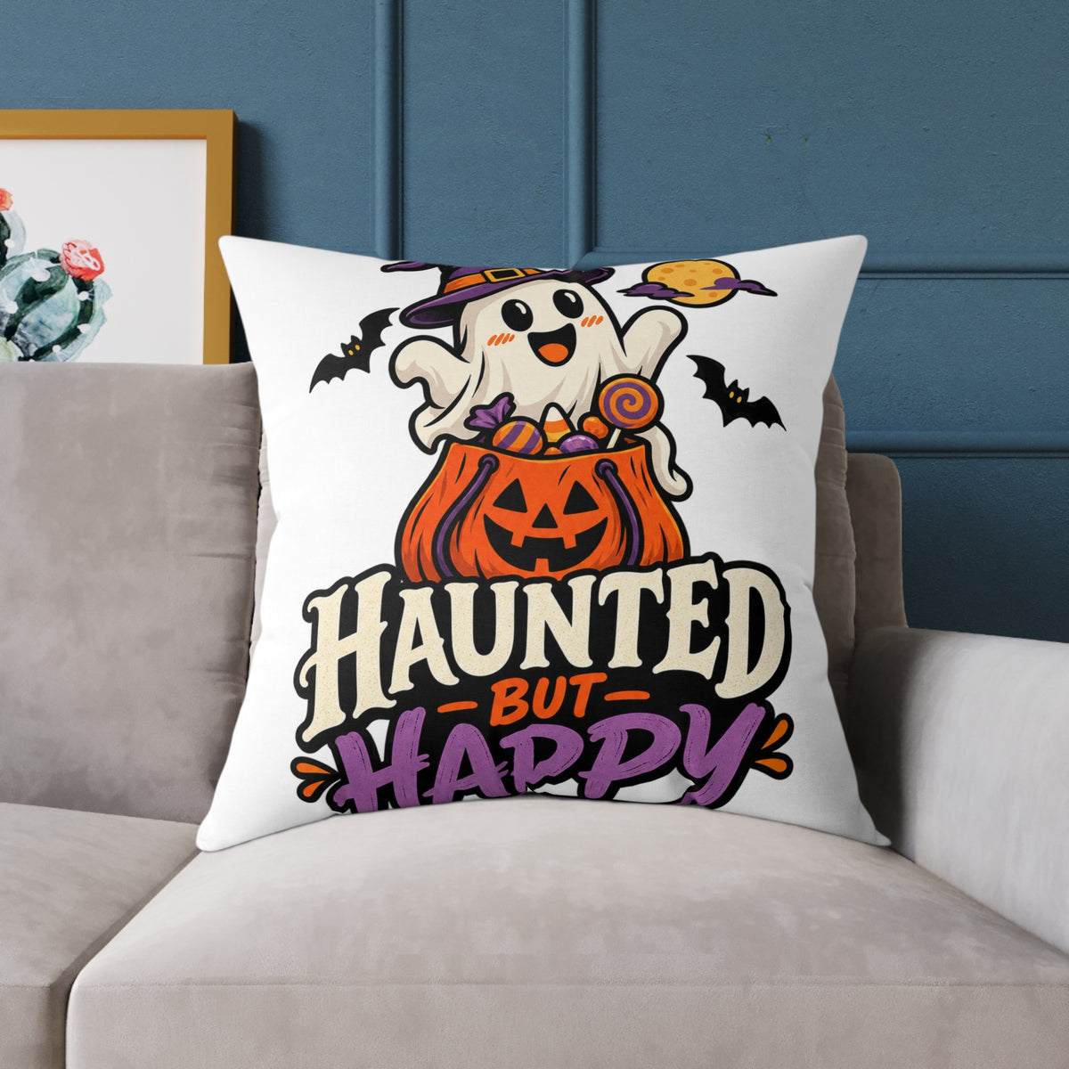 Halloween Ghost Pumpkin Pillow — "Haunted But Happy" Square Throw Pillow