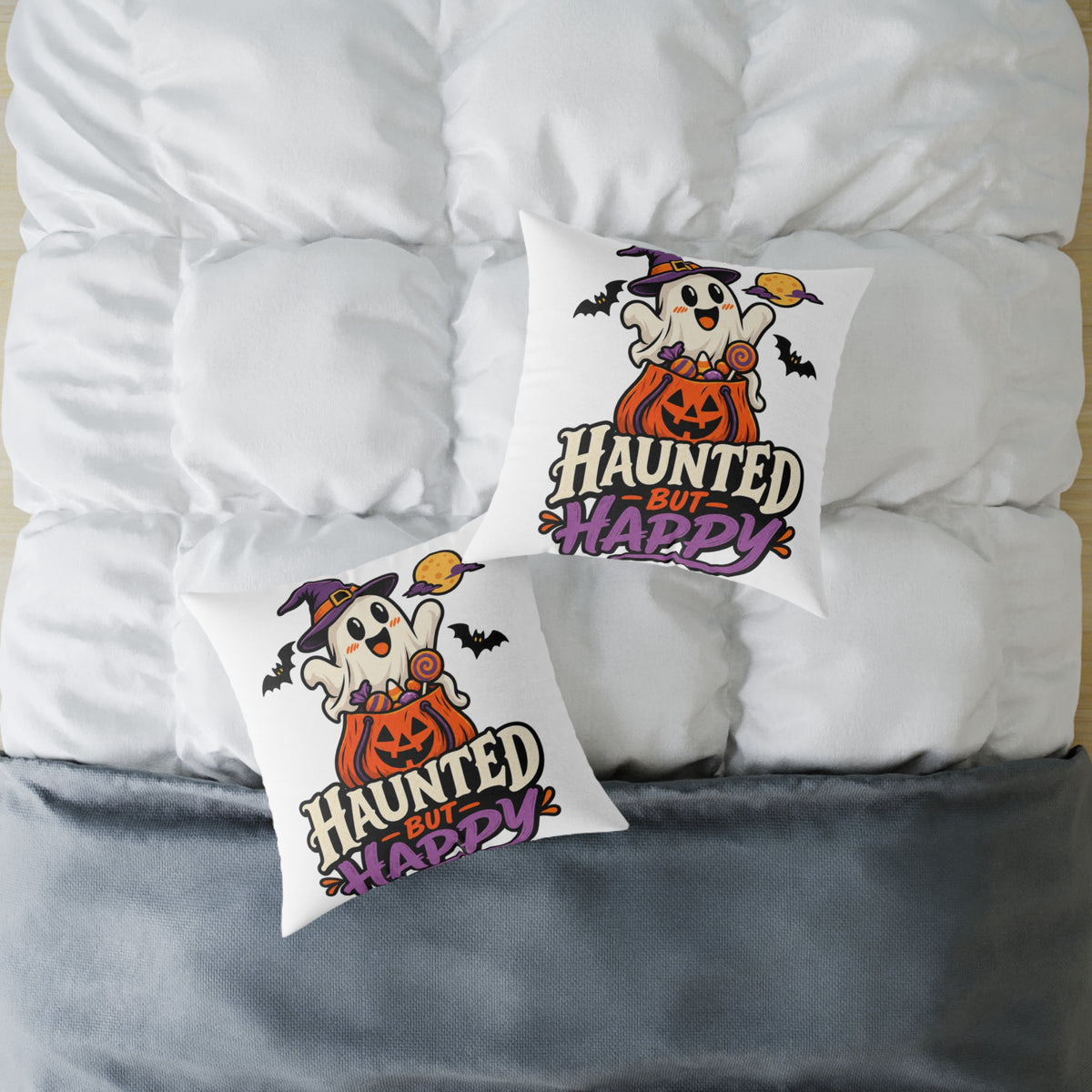 Halloween Ghost Pumpkin Pillow — "Haunted But Happy" Square Throw Pillow