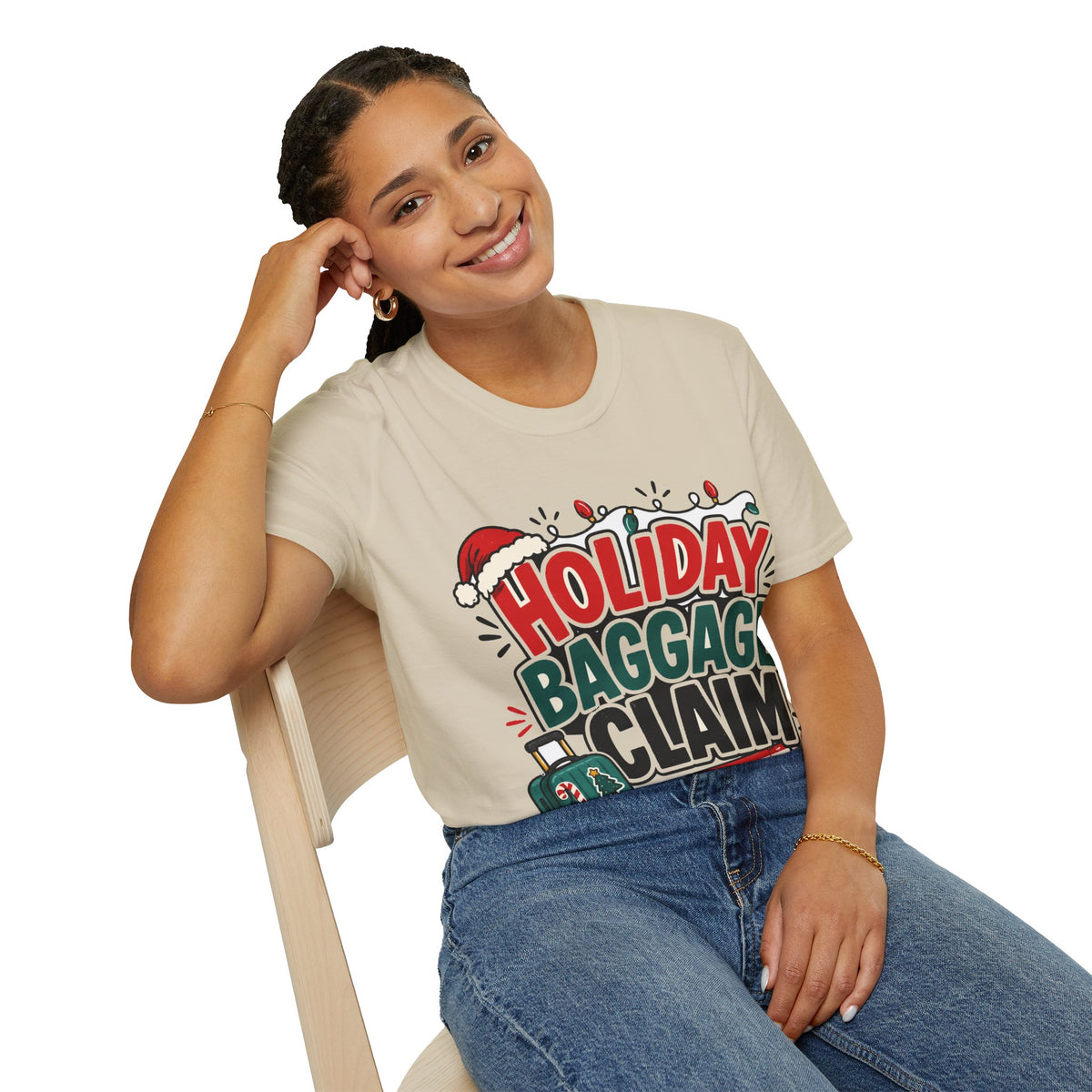 Holiday Baggage Claim T-Shirt — Funny Christmas Vacation Tee with Santa Hat & Lights