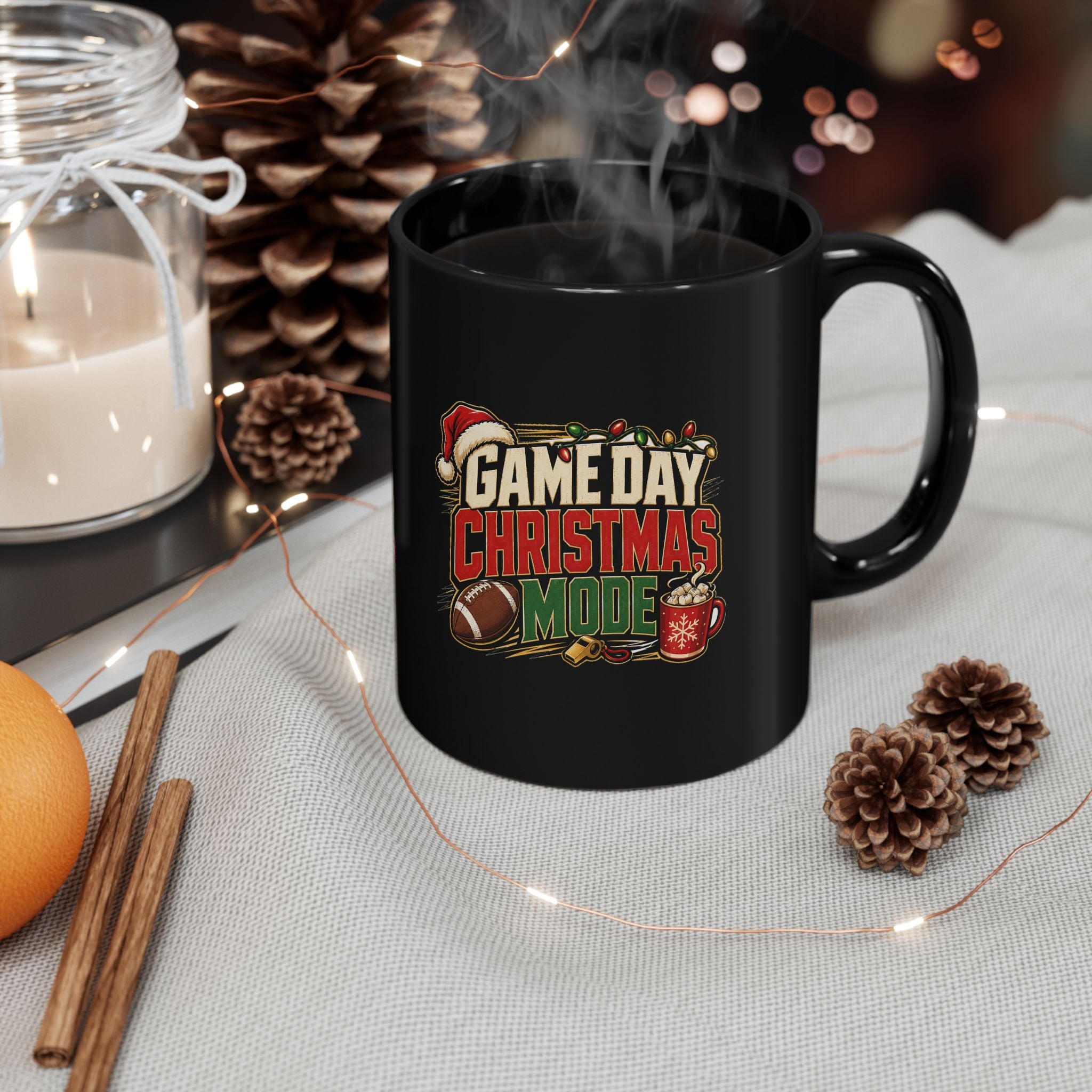 Modern Day Christmas Game Day Christmas Mug – Football Fan Holiday Black Coffee Cup