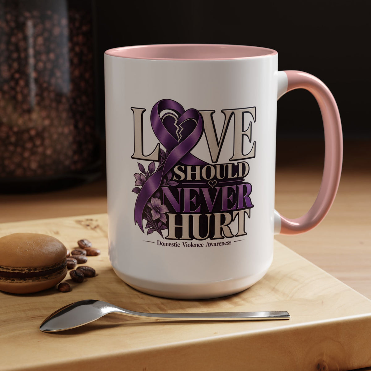 Domestic Violence Awareness Accent Coffee Mug – "Love Should Never Hurt" (11/15oz)