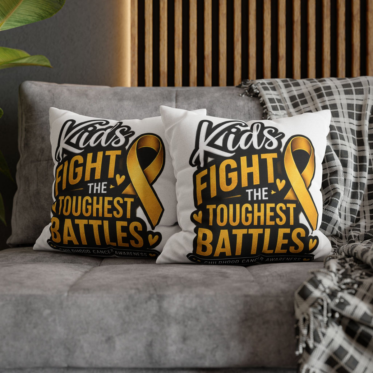 Childhood Cancer Awareness Pillowcase – “Kids Fight the Toughest Battles” Gold Ribbon Throw Pillow