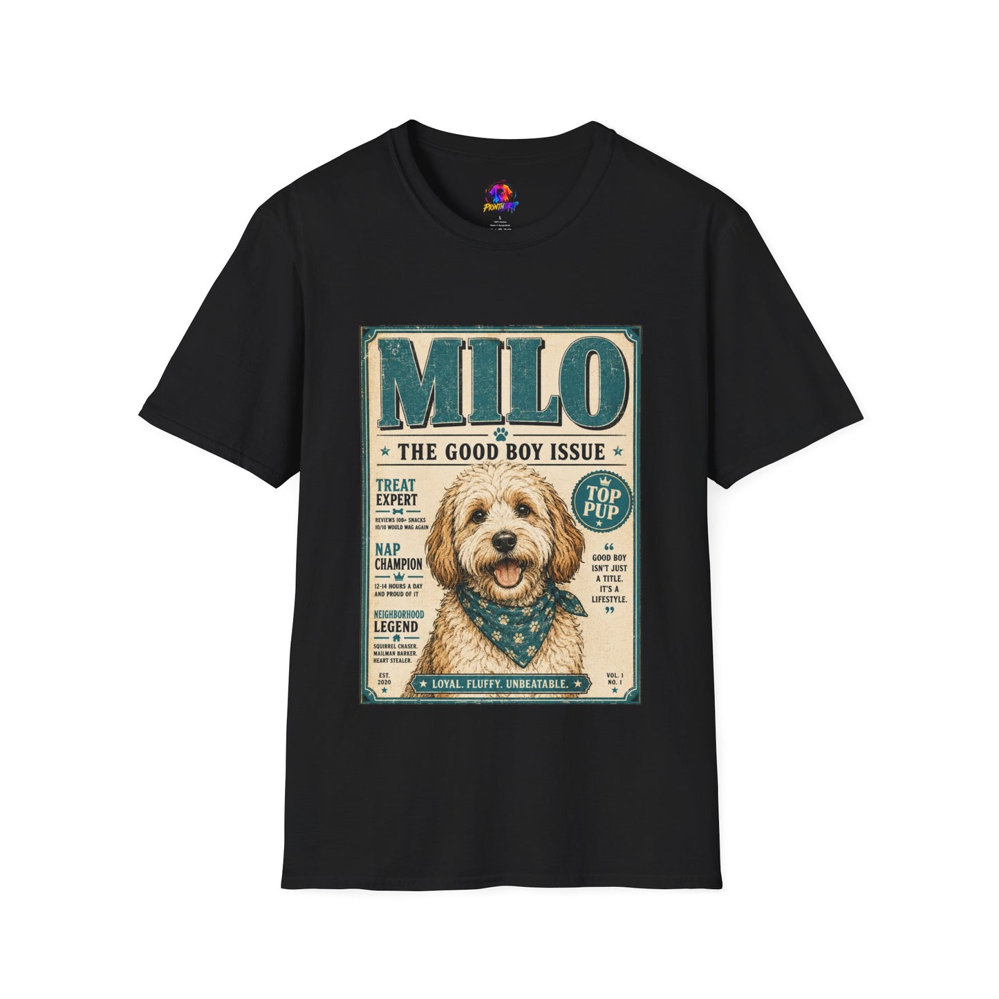 Milo 'The Good Boy Issue' Dog T‑Shirt — Vintage Puppy Magazine Design