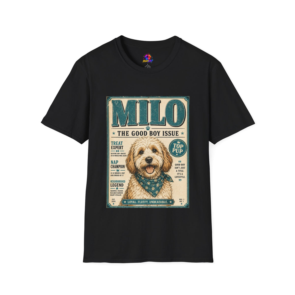Milo 'The Good Boy Issue' Dog T‑Shirt — Vintage Puppy Magazine Design