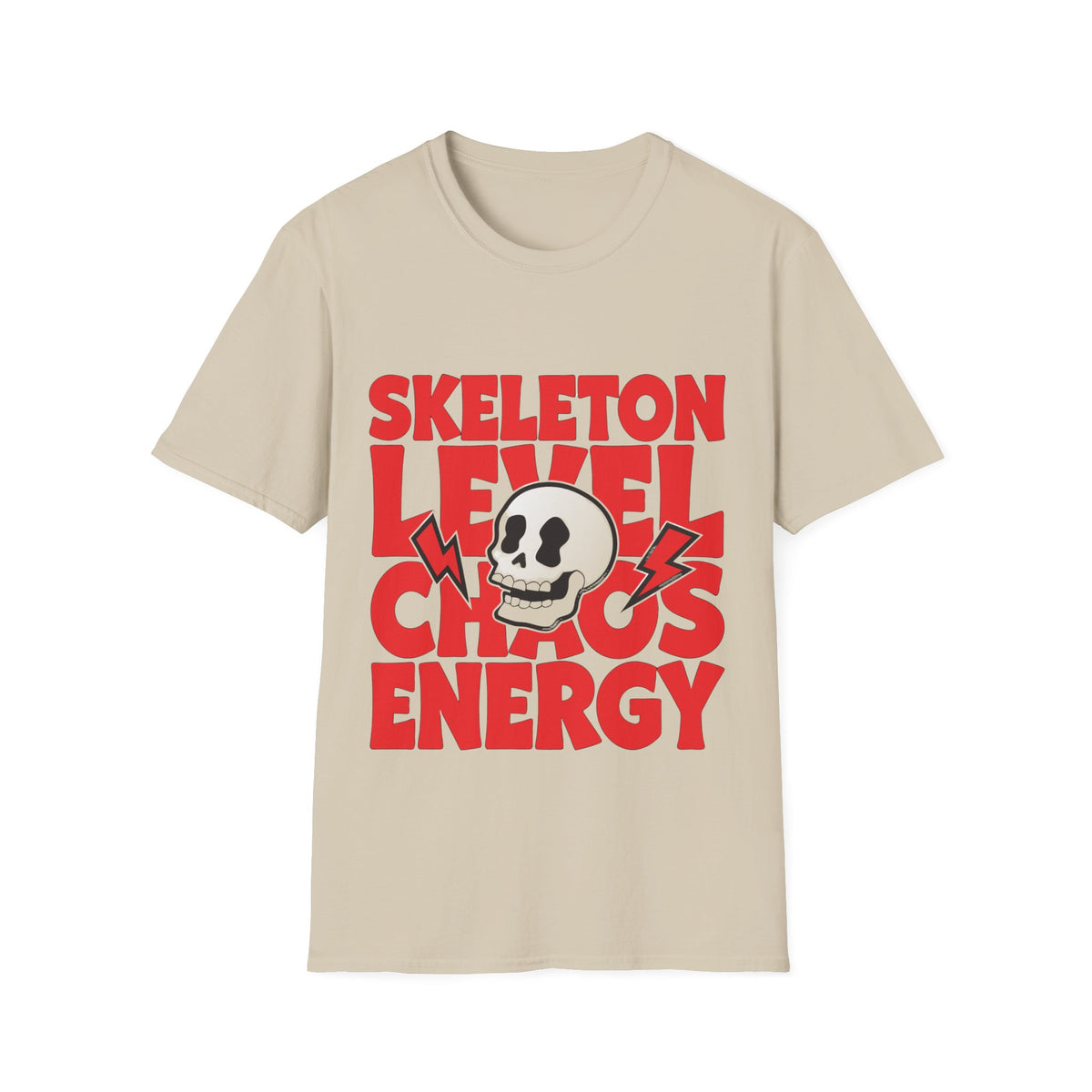 Skeleton Level Chaos Energy Red Block Tee - Bold Skull Lightning Graphic T-Shirt - Trending Now - September 2026