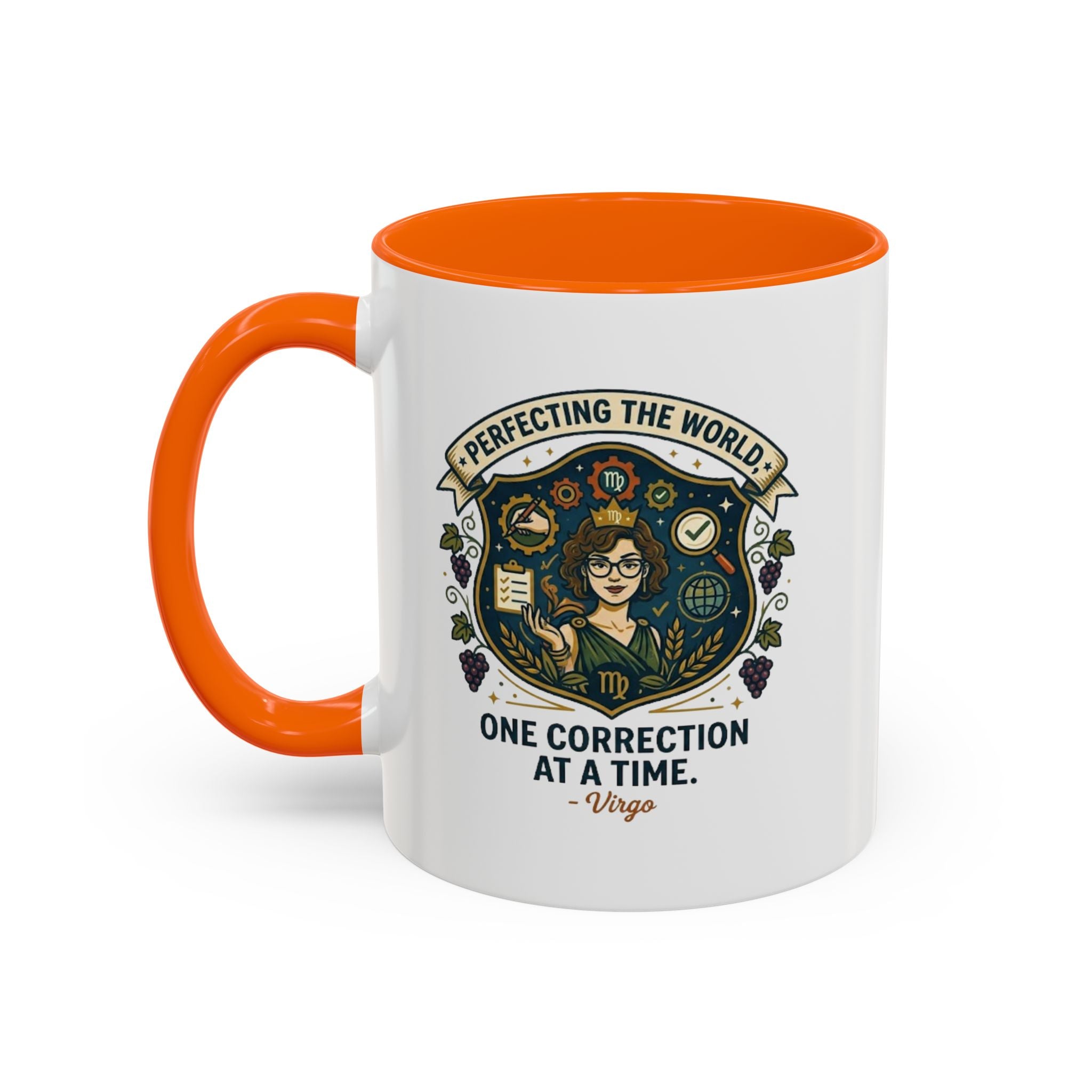 Virgo Coffee Mug — "Perfecting the World: One Correction at a Time" Accent Astrology Gift
