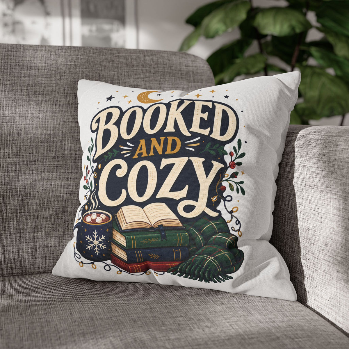 Booked and Cozy Square Pillowcase Modern Day Christmas — Booklover Decorative Throw Pillow Cover